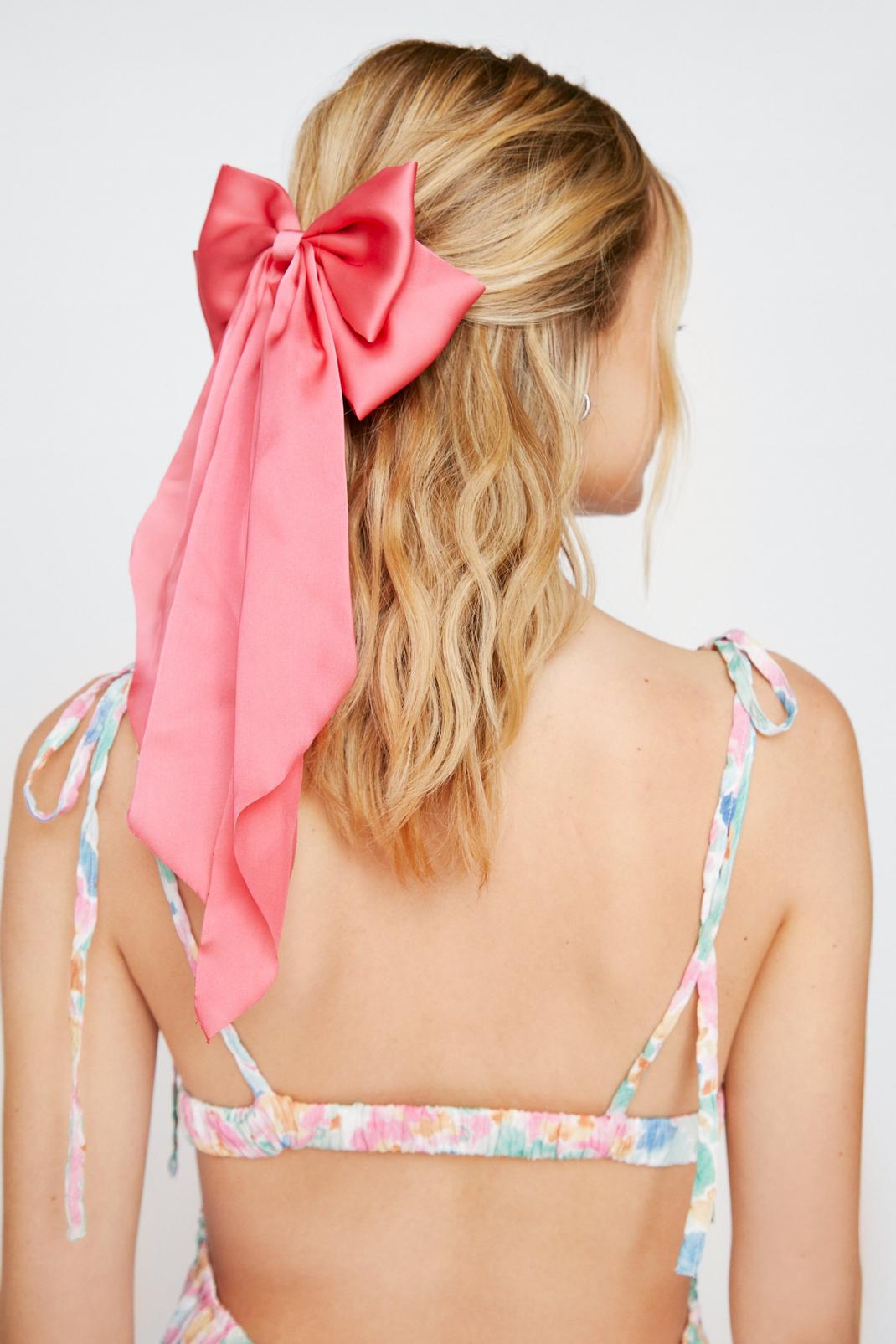 Raspberry Long Satin Bow Hair Clip image number 1