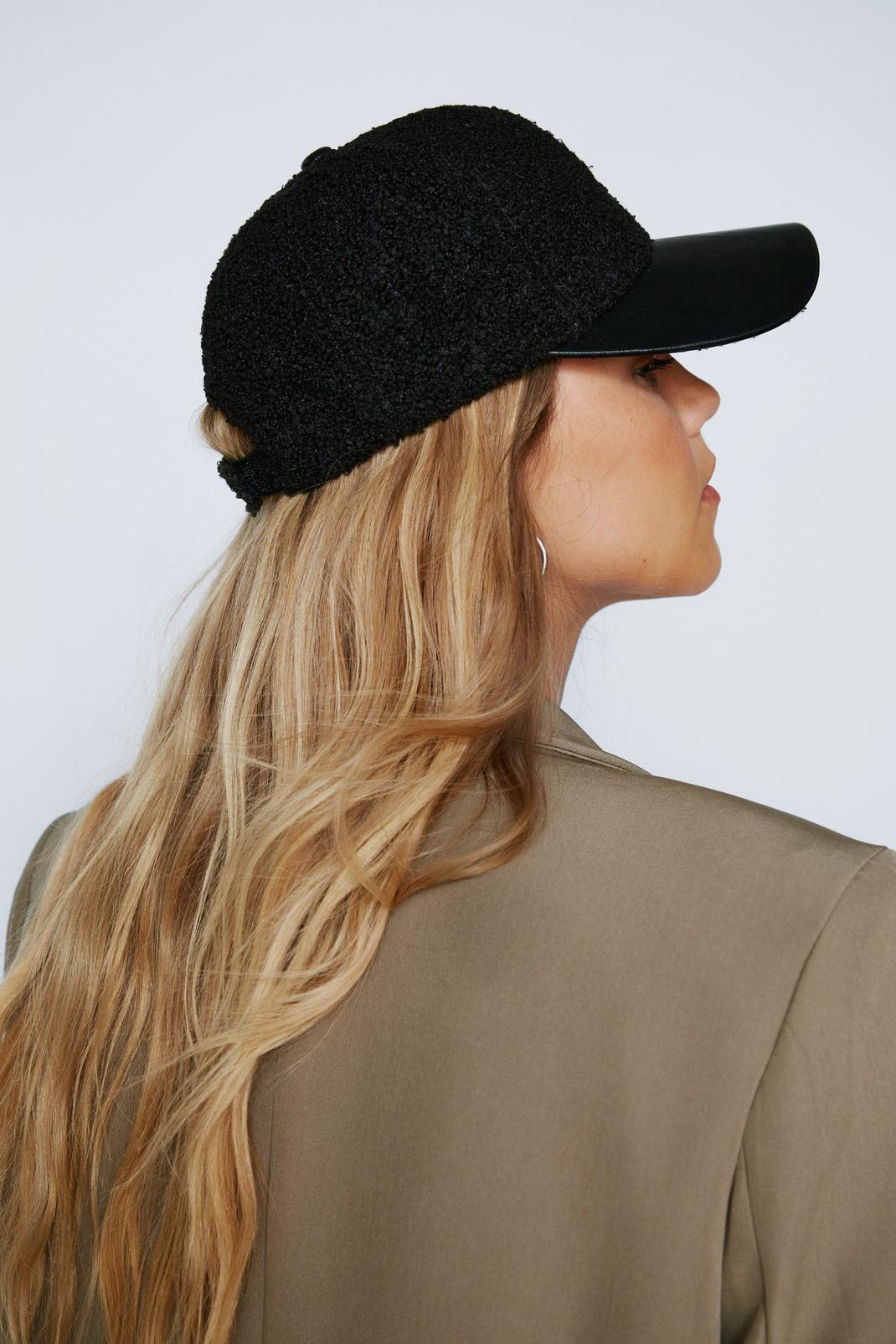 Black Shearling And Faux Leather Baseball Cap image number 1