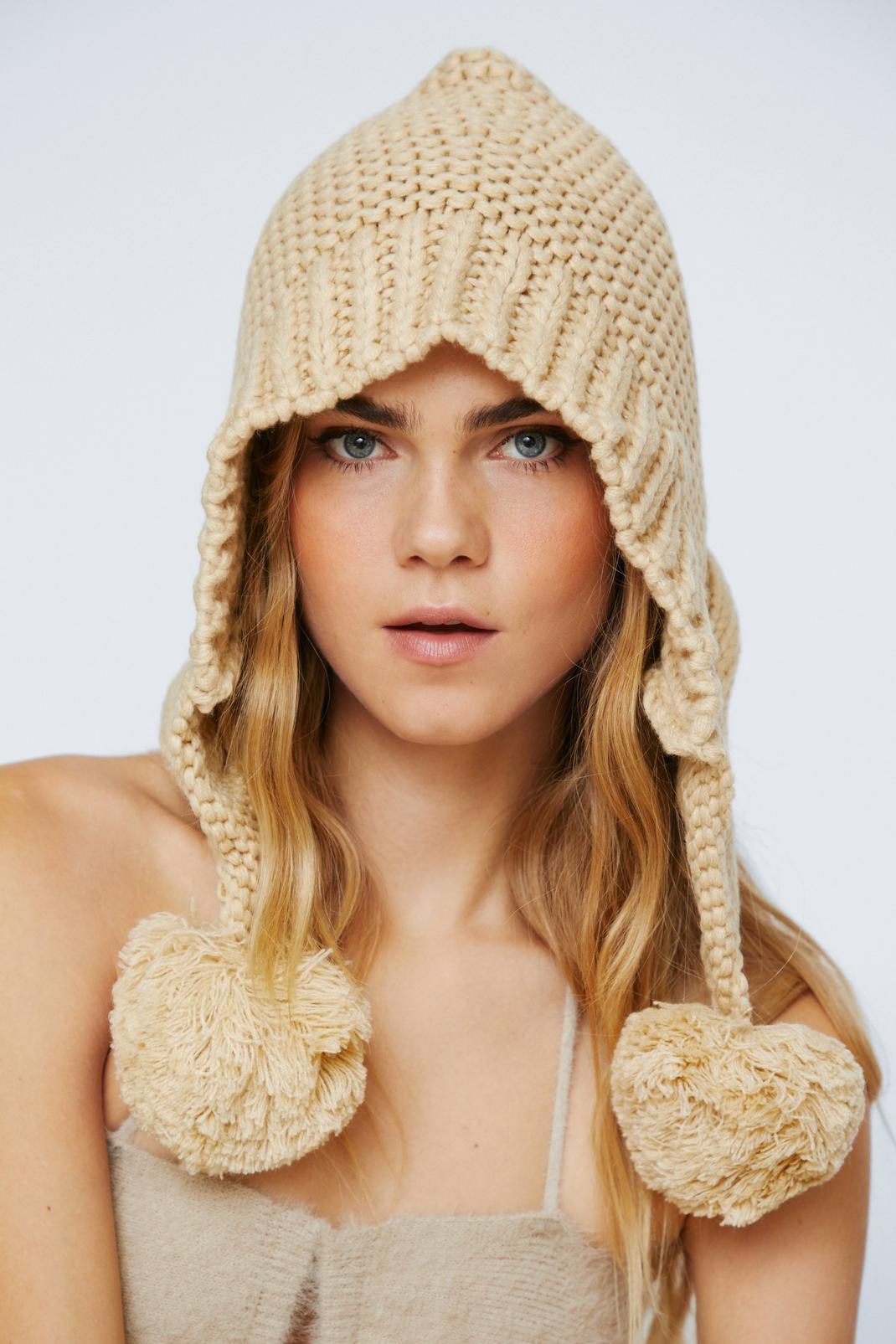 Beige Slouch Knitted Oversized Pom Beanie image number 1