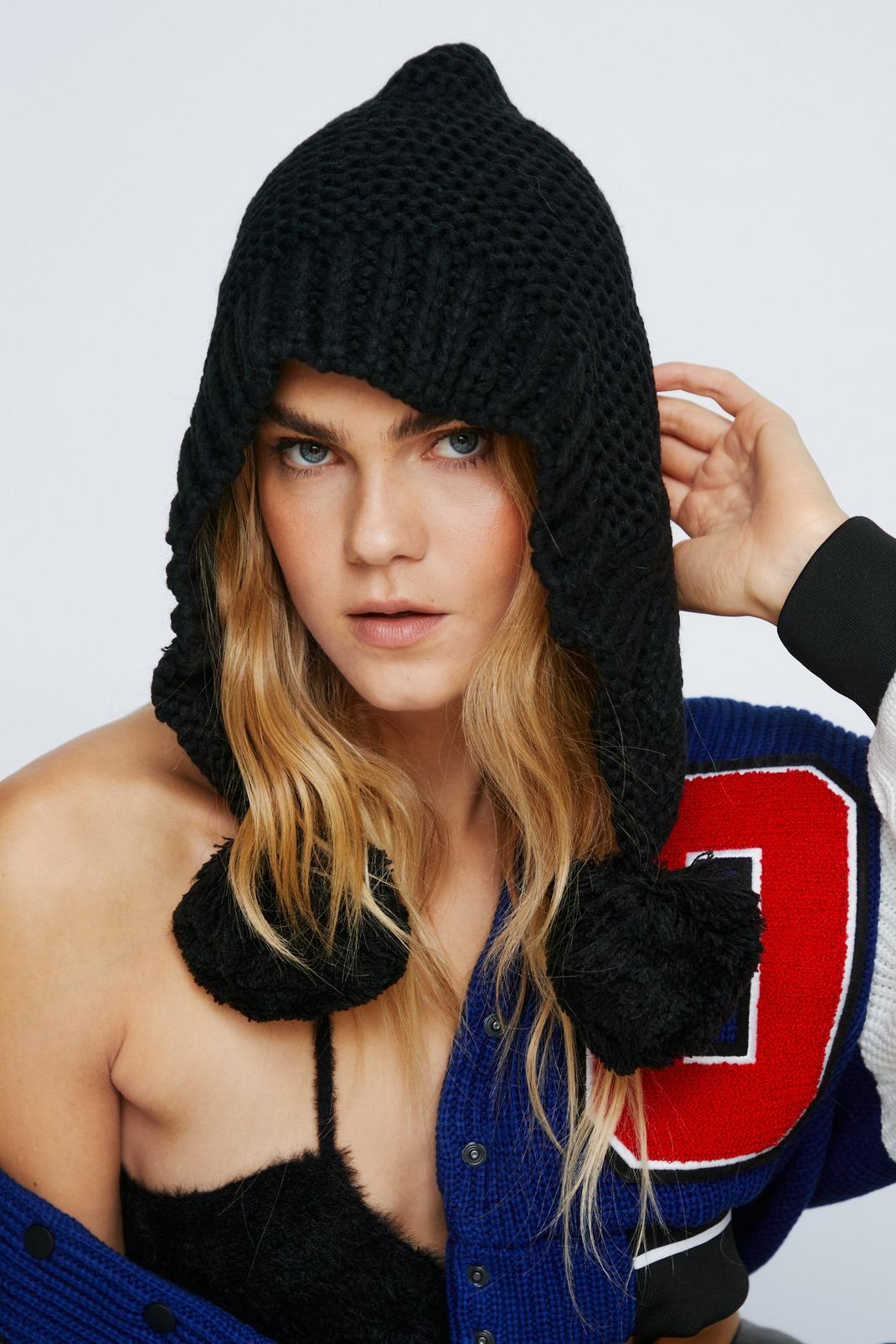 Black Slouch Knitted Oversized Pom Beanie image number 1