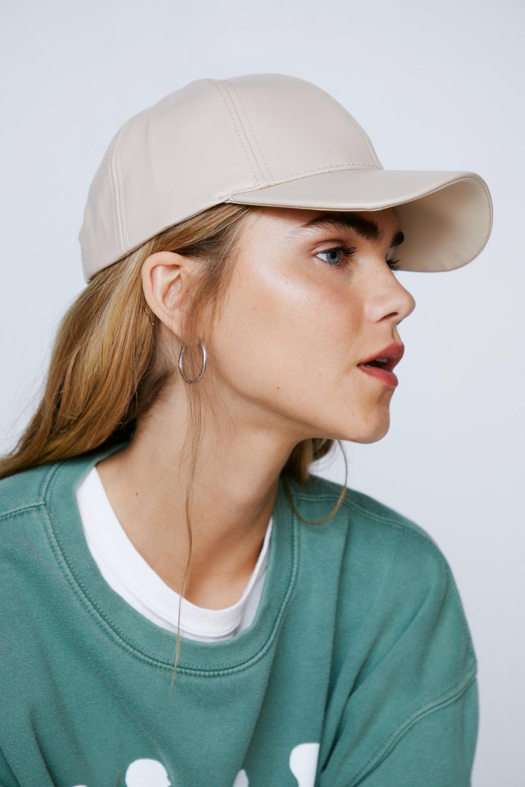 Beige Faux Leather Baseball Cap  image number 1