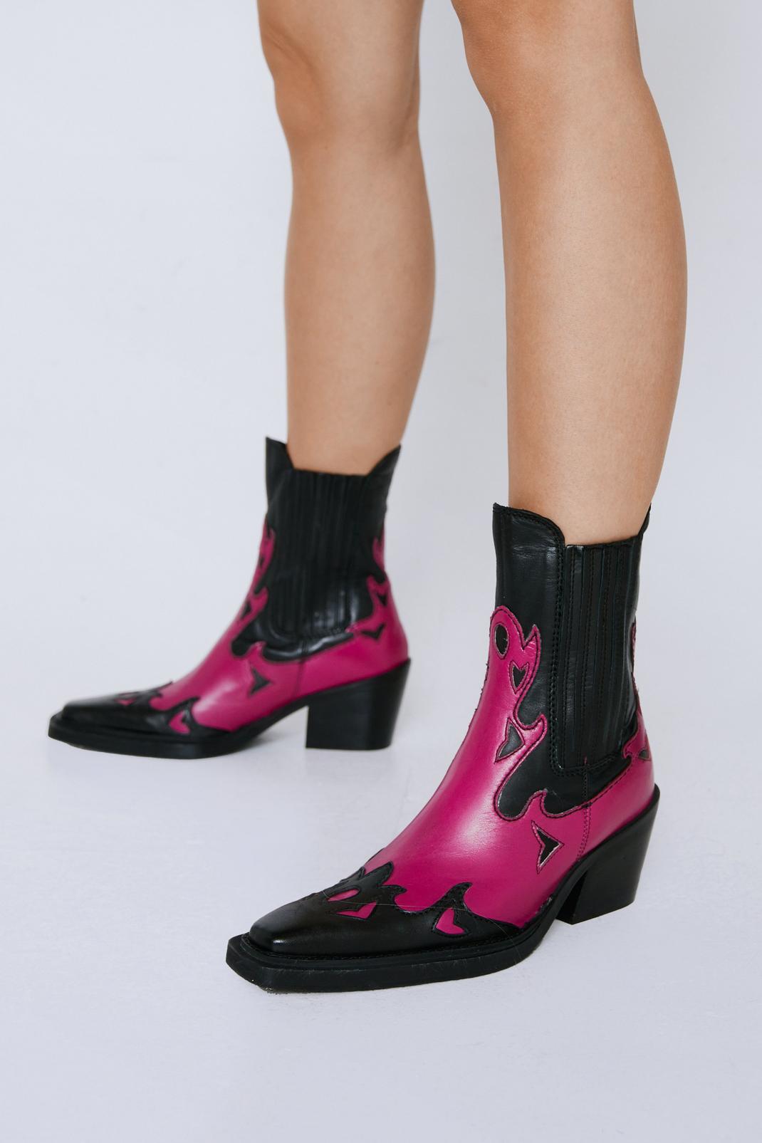 Raspberry Real Leather Contrast Ankle Western Boots image number 1