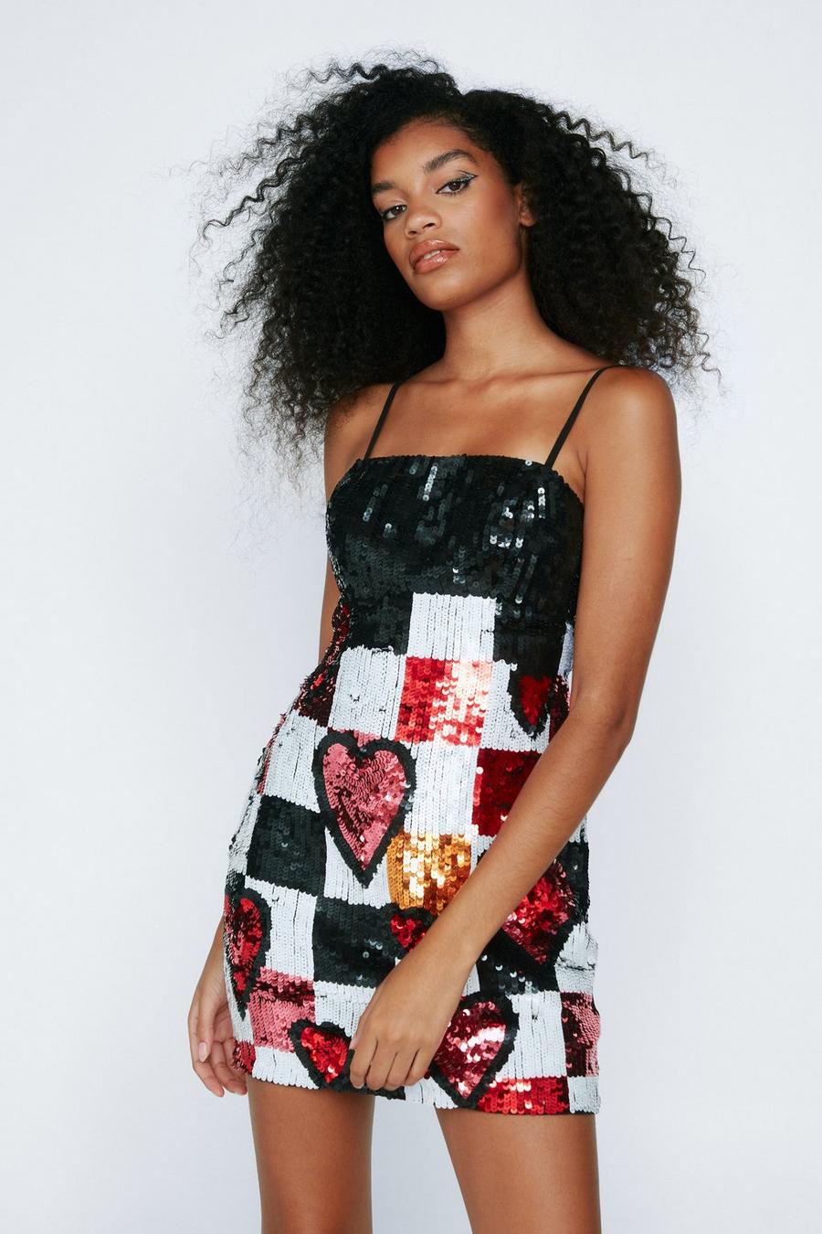 Heart Checkerboard Sequin Mini Dress