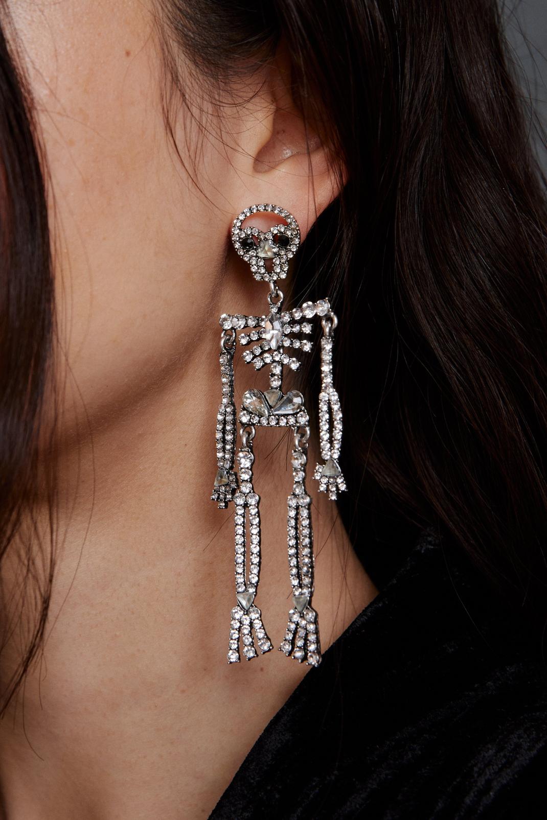 Silver Diamante Skeleton Drop Earrings image number 1