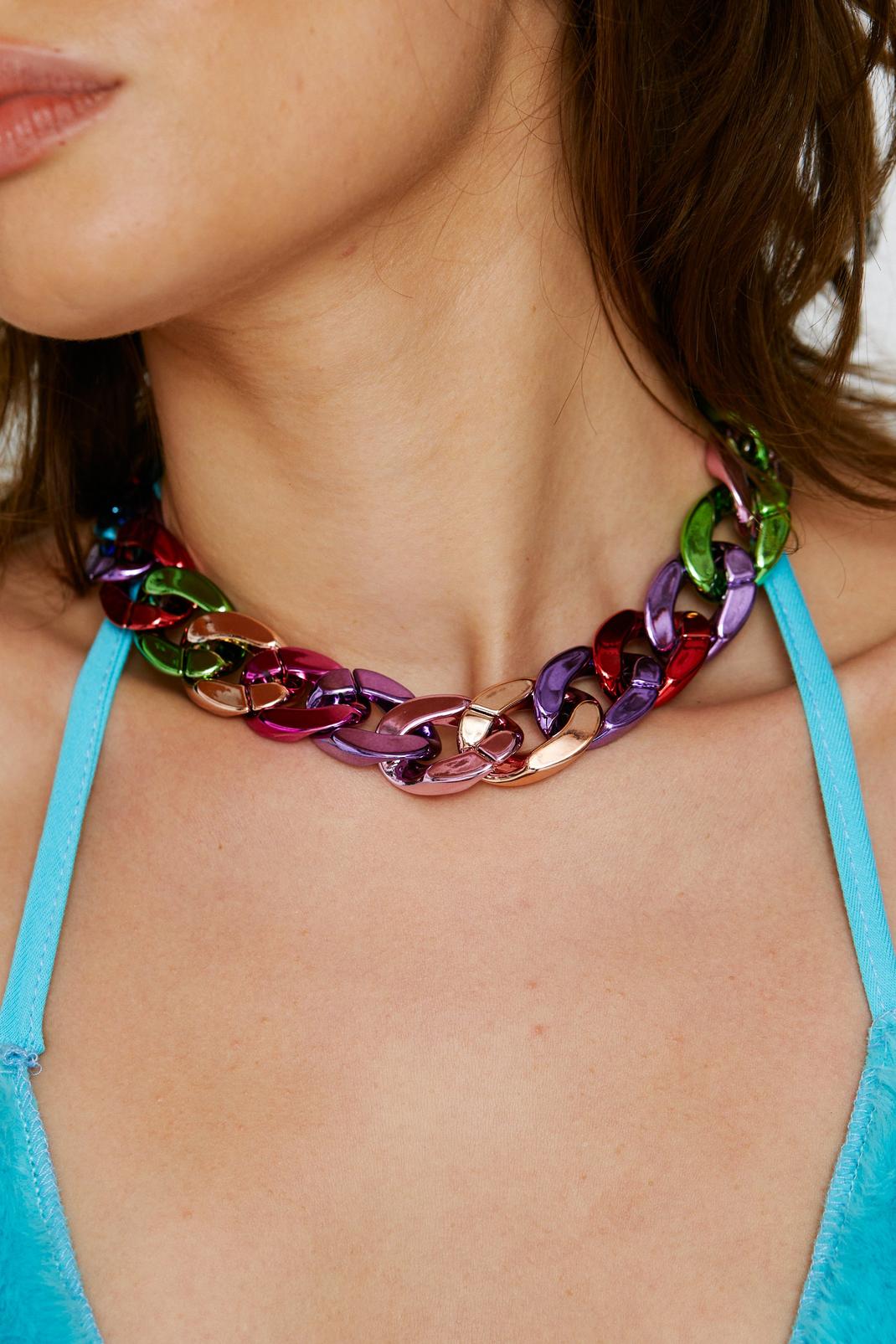 Multi Rainbow Metallic Chain Necklace image number 1