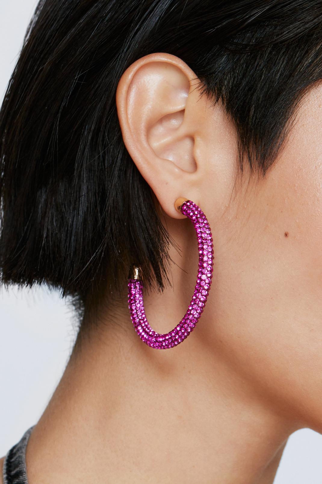 Pink Crystal Embellished Hoop Earrings image number 1