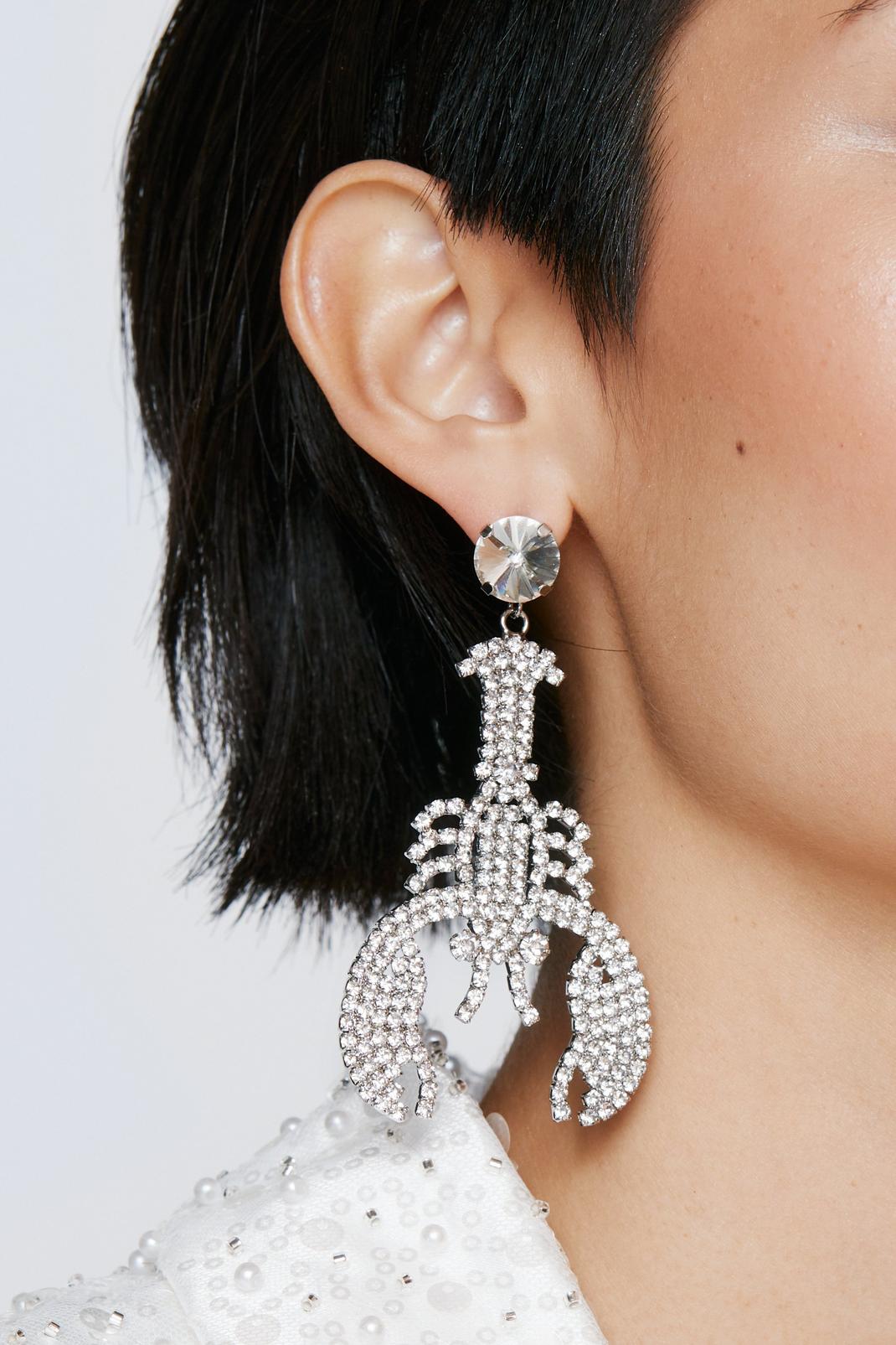 Silver Lobster Diamante Embellished Earrings image number 1