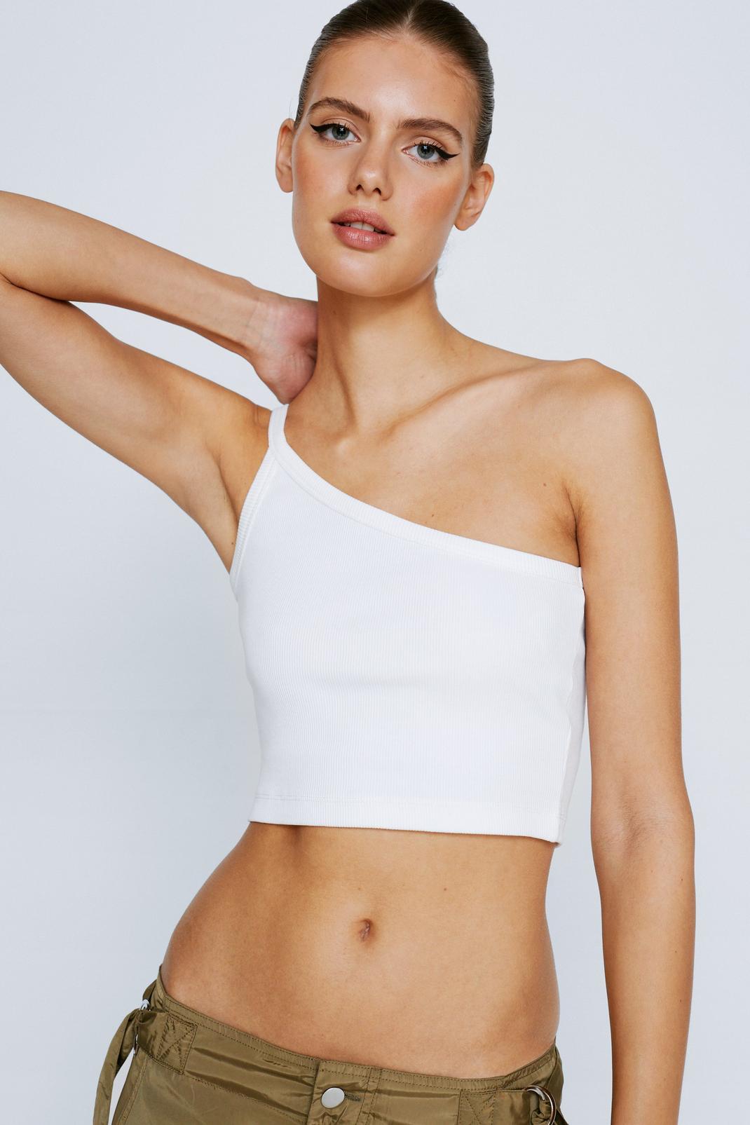 White One Shoulder Strappy Ribbed Cami Top image number 1