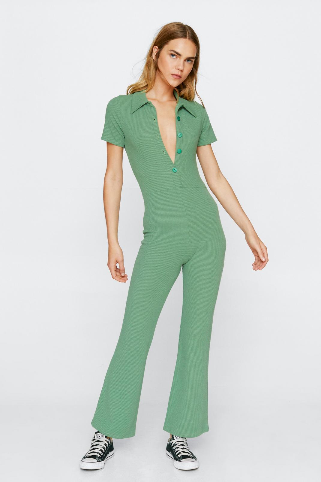 Sage Ribbed Collar Button Up Jumpsuit image number 1
