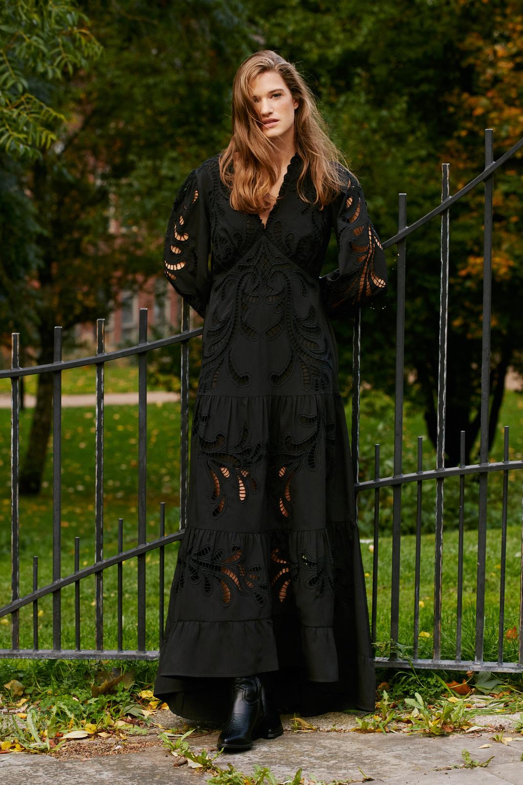 Black Premium Cutwork Tiered Maxi Dress image number 1