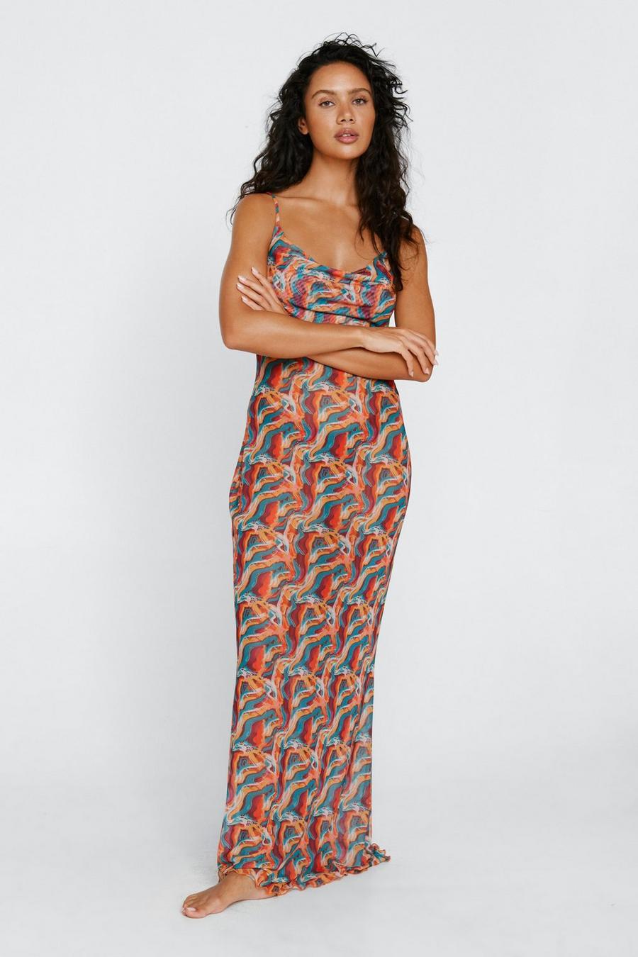 Marble Print Mesh Cover Up Maxi Dress