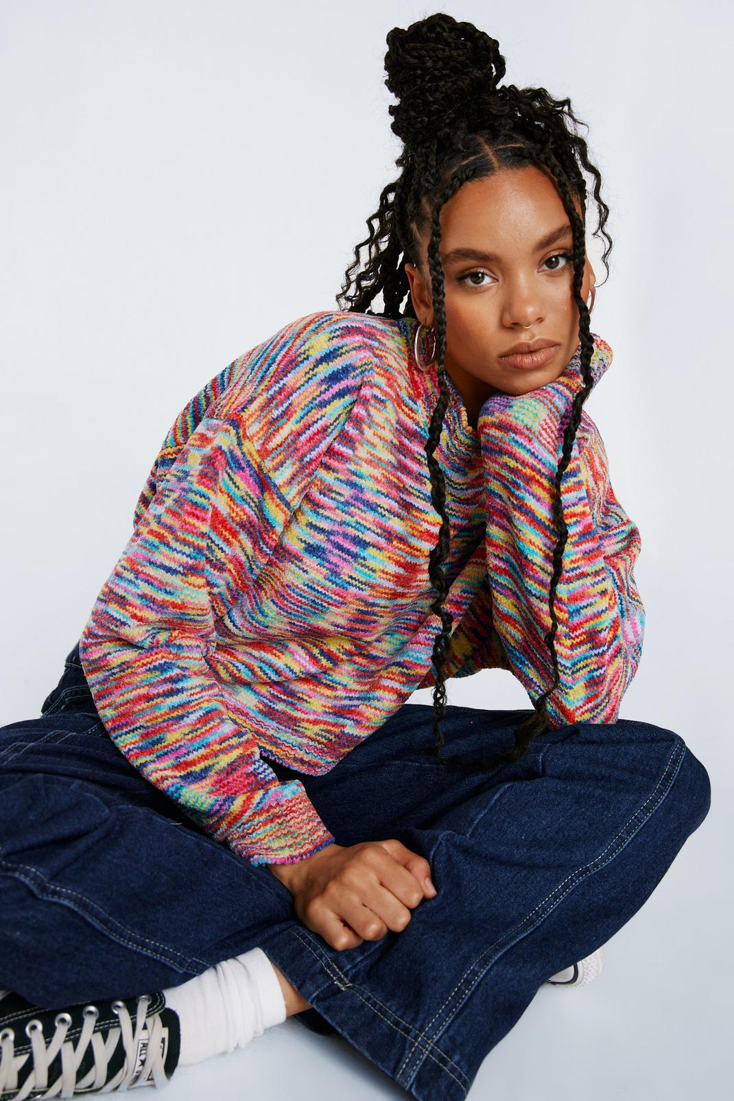Multi Chenille Stripe Cropped Crew Neck Sweater image number 1