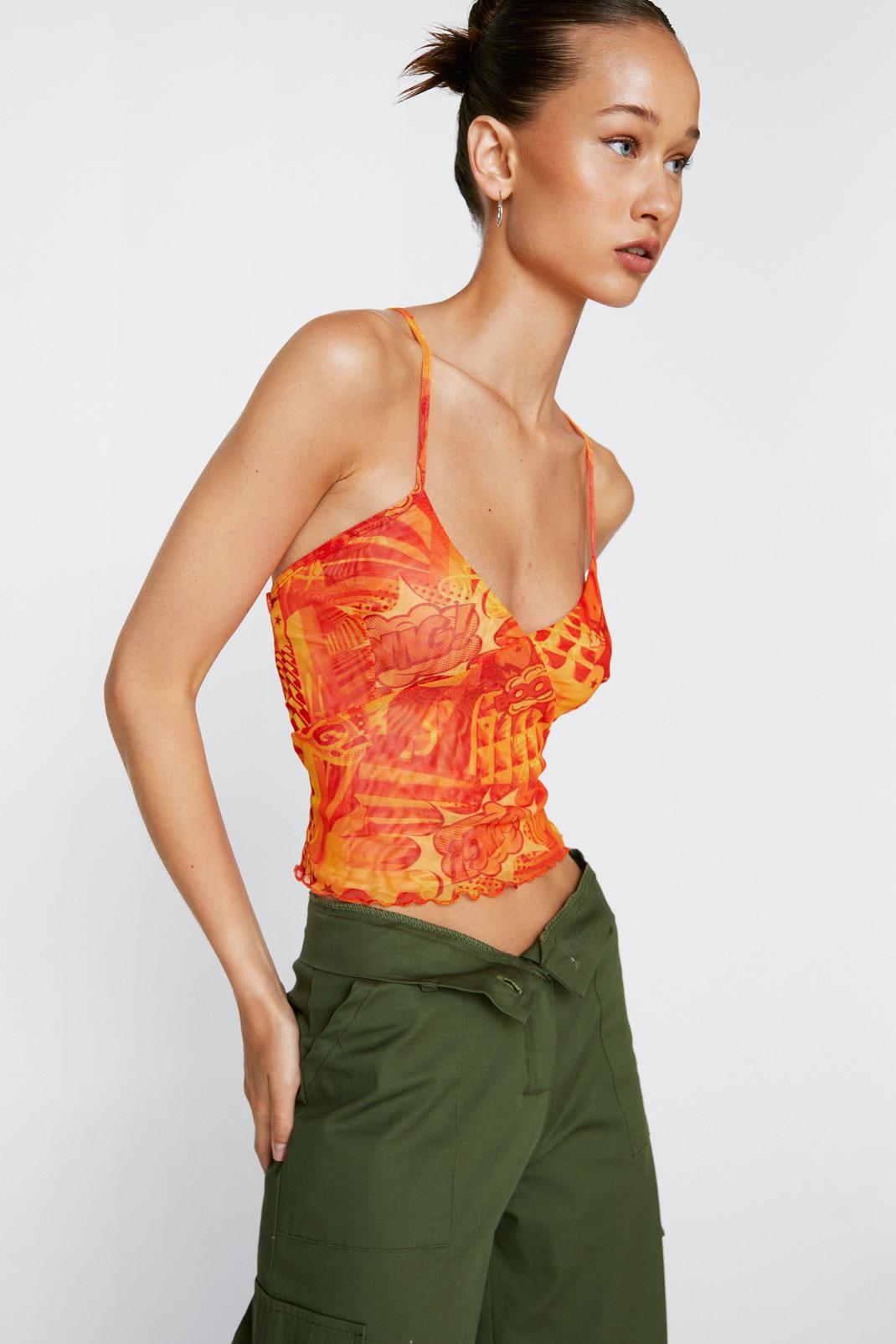 Orange Abstract Cartoon Double Layer Mesh Cami  image number 1