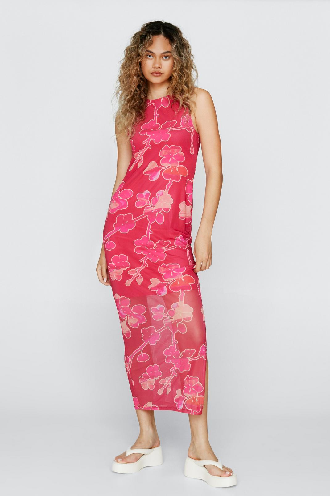 Pink Mesh Floral Print Sleeveless Maxi Dress image number 1