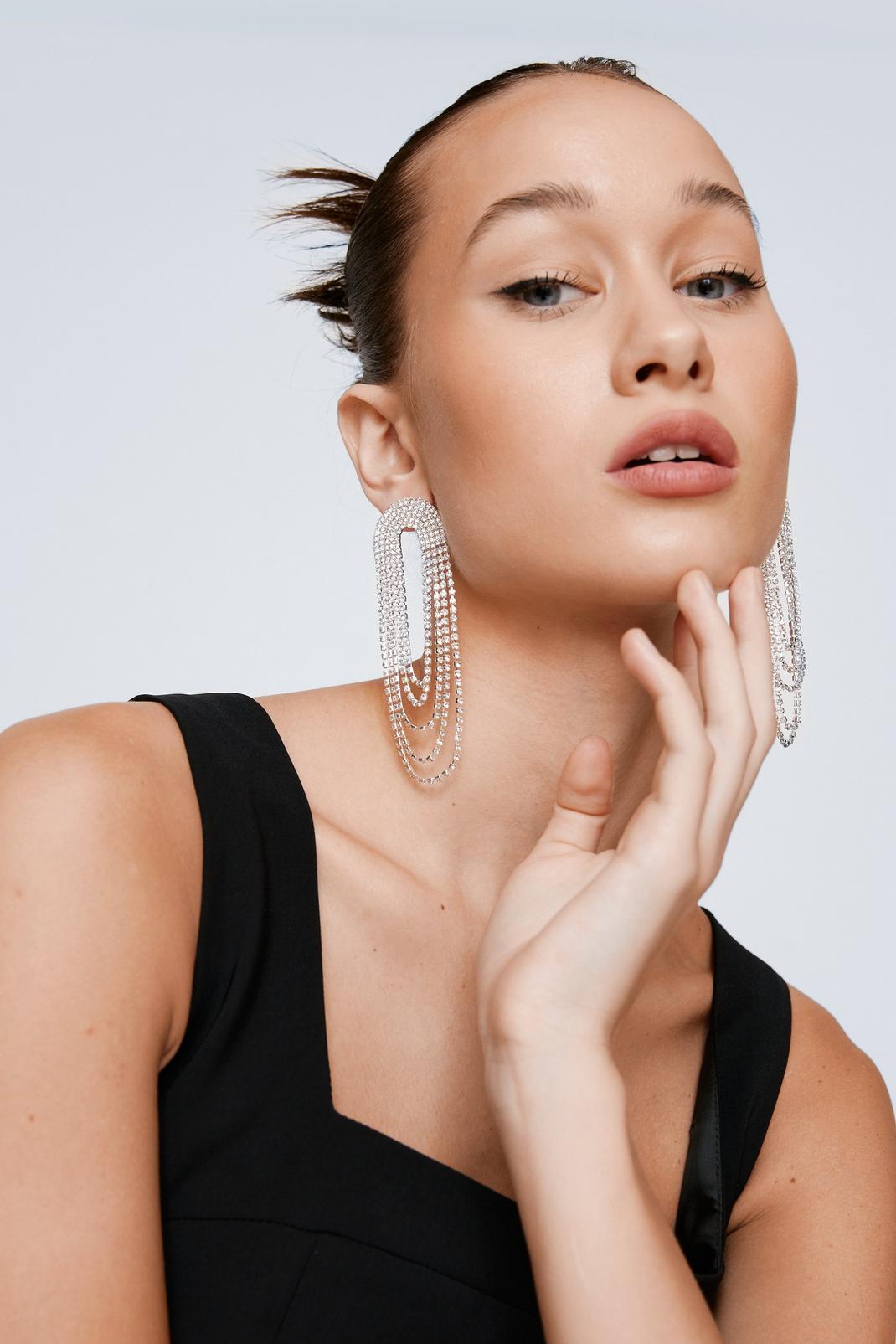 Silver Diamante Chain Drop Earrings image number 1