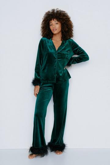 Feather Trim Velvet Pajama Pants Set emerald