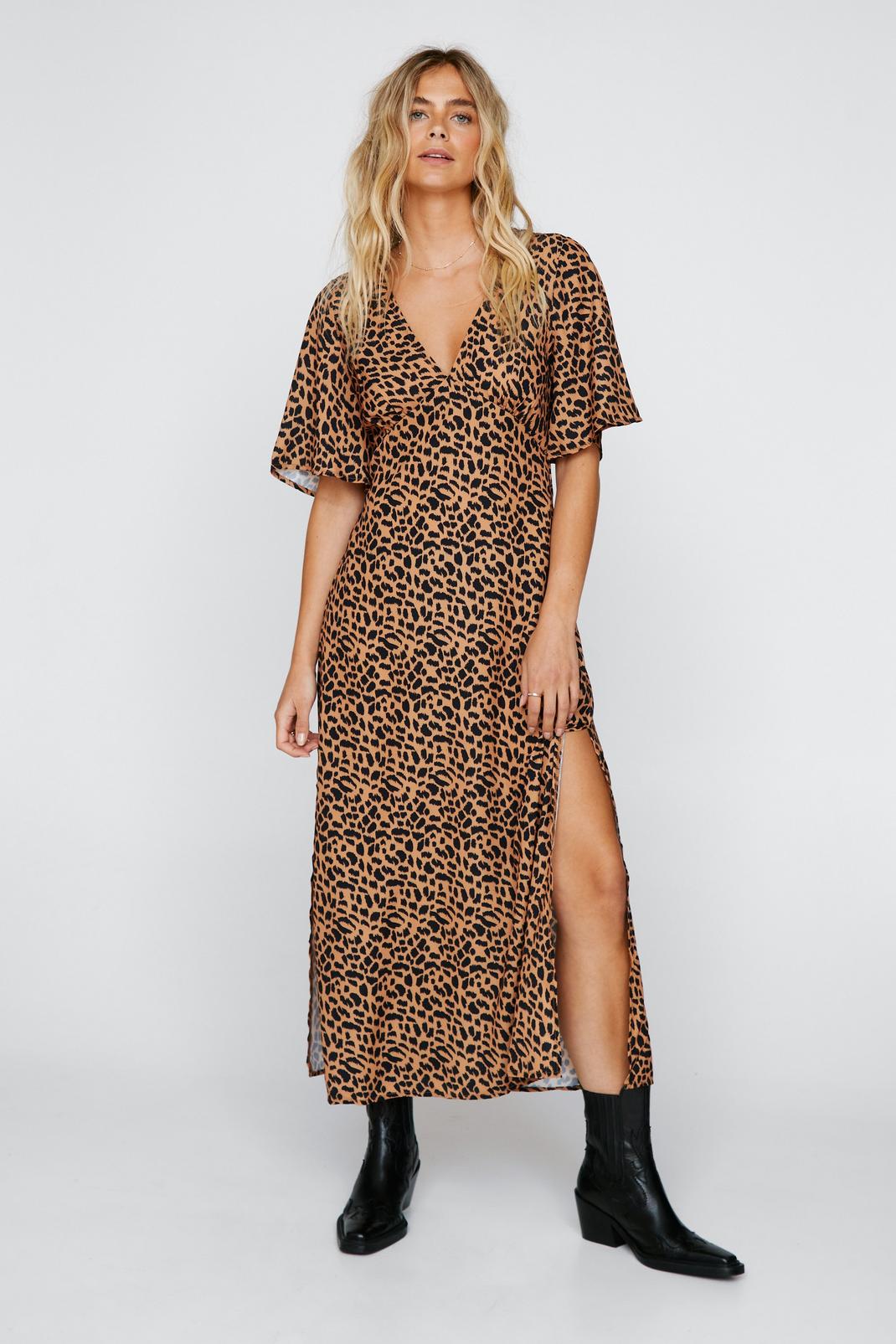 Brown Abstract Spot Print Angel Sleeve Midi Dress image number 1