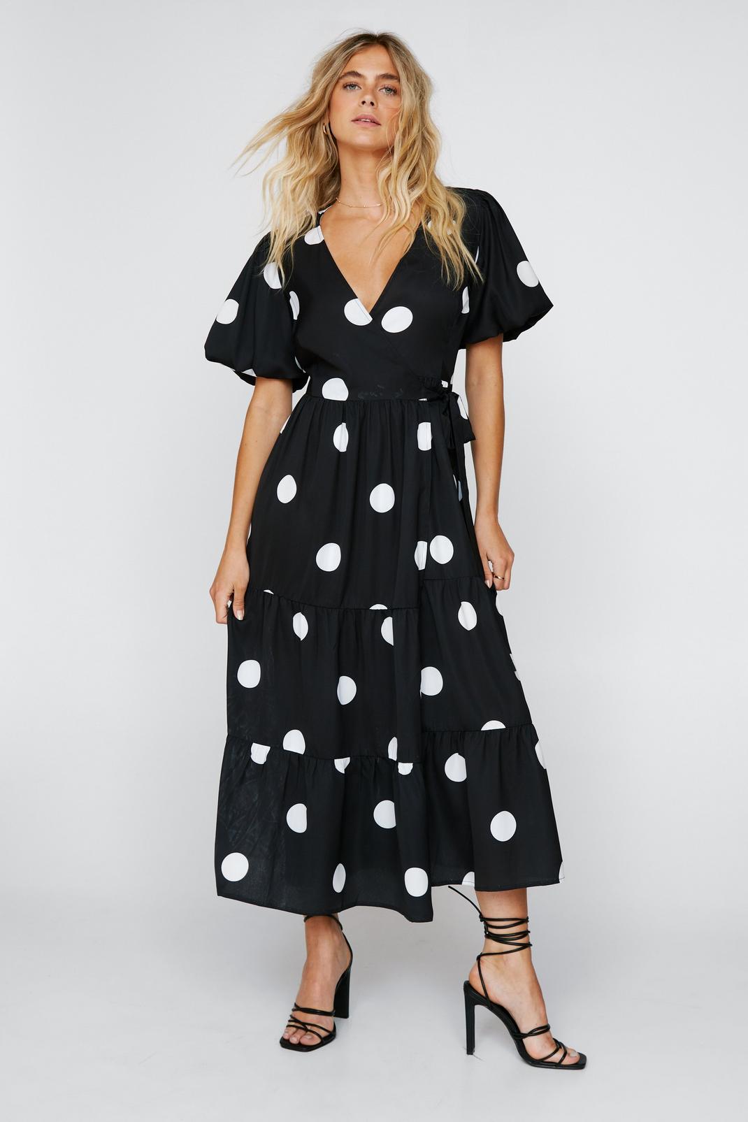 Black Polka Dot Print Wrap Midi Dress image number 1