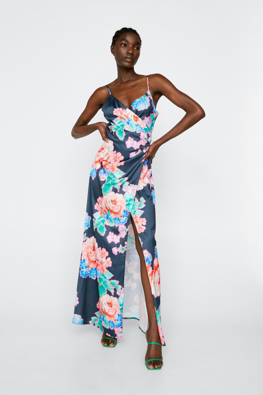 Black Floral Print Satin Wrap Maxi Dress image number 1