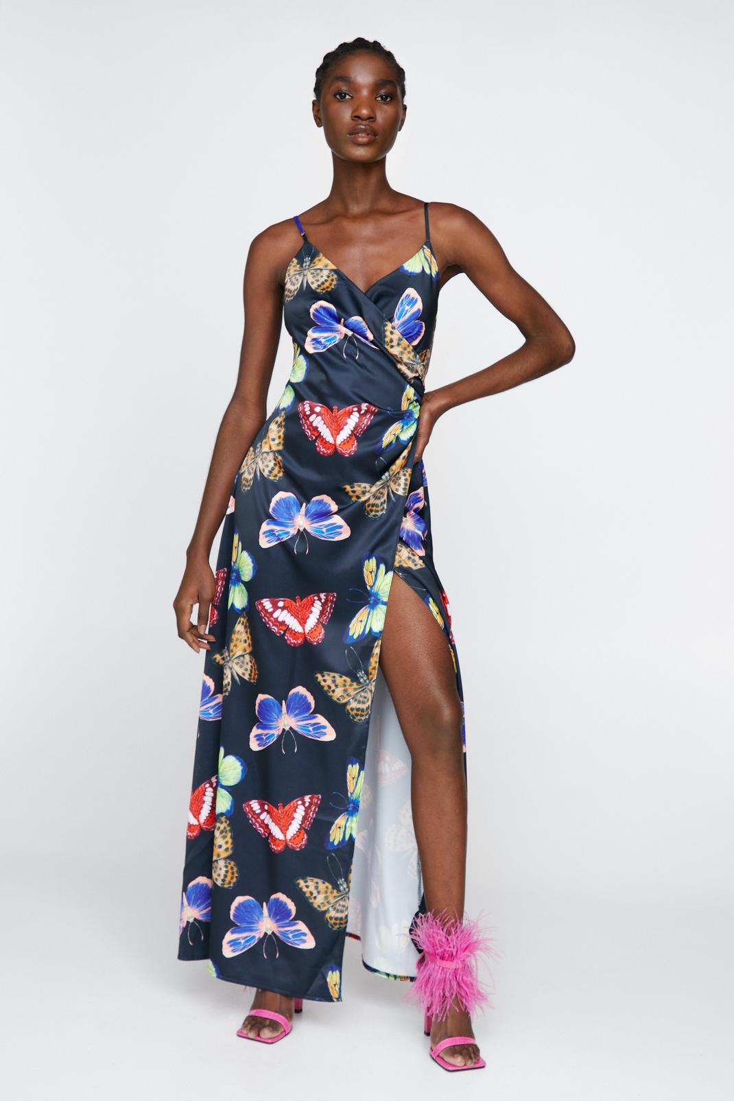 Butterfly Print Satin Wrap Maxi Dress | Nasty Gal