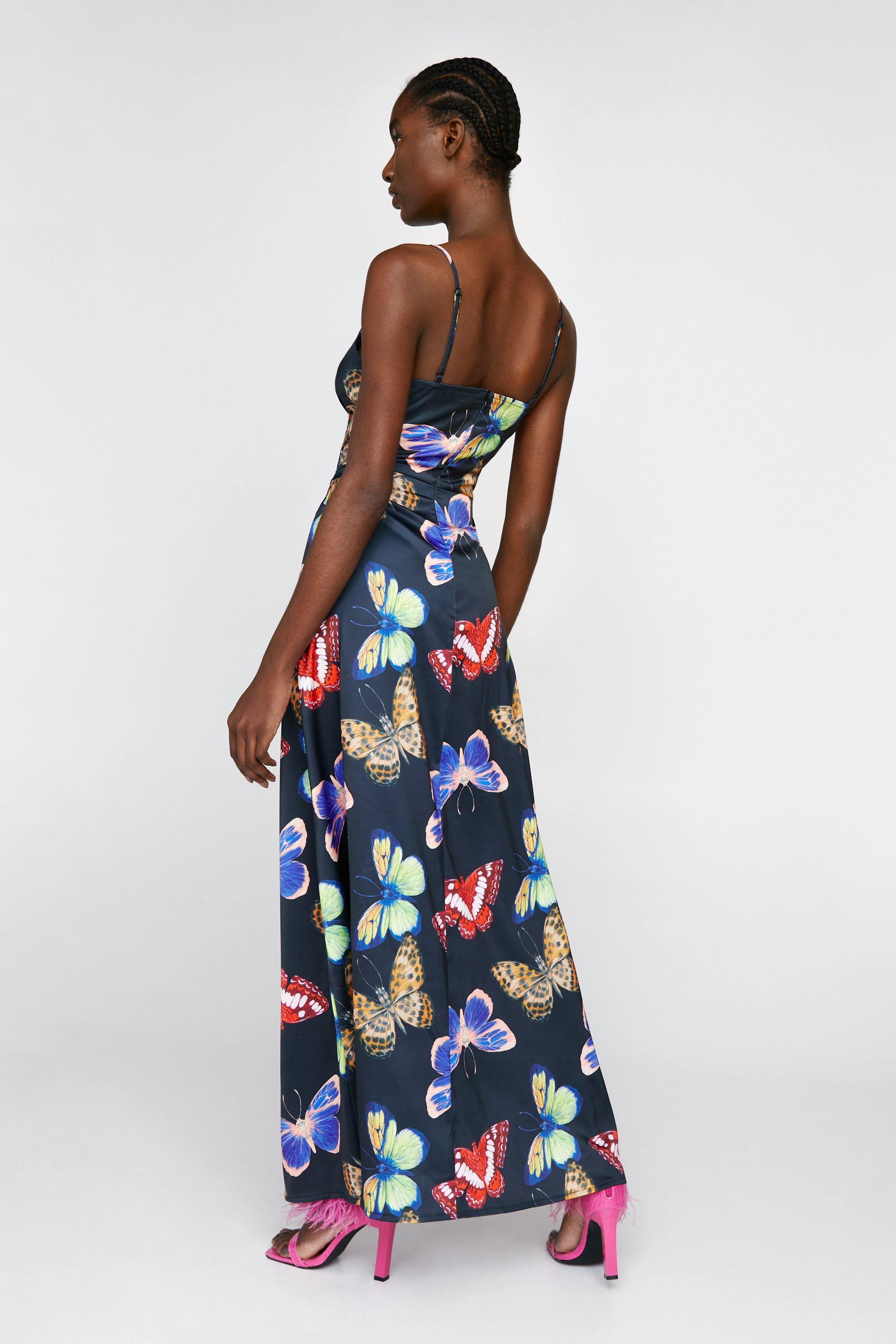 Butterfly Print Satin Wrap Maxi Dress