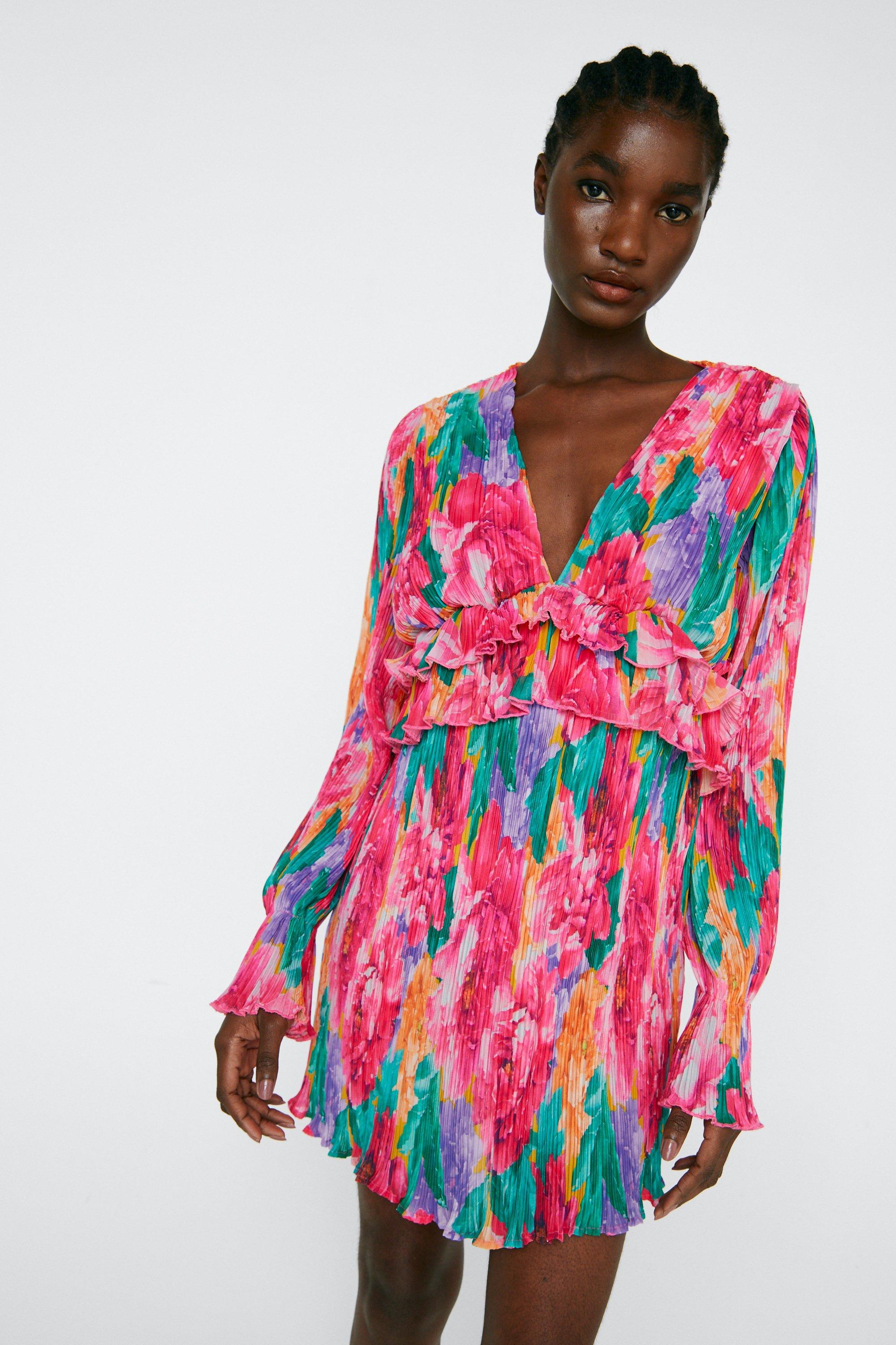 Large Floral Print Pleated Mini Dress | Nasty Gal