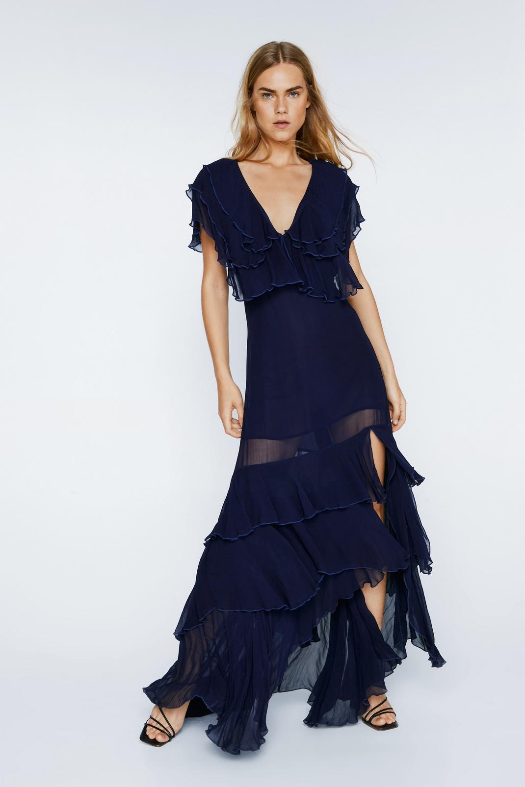 Navy Ruffle Layer Plunge Maxi Dress image number 1