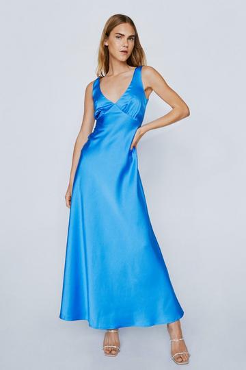 Blue Plunge Neck Crinkle Satin Maxi Dress