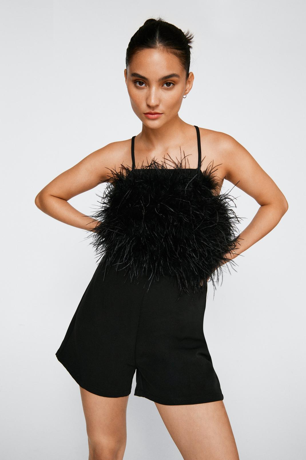 Black Petite Feather Detail Lace Up Playsuit image number 1