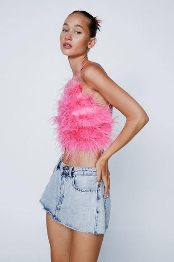Pink Halterneck Feather Lace Up Back Top