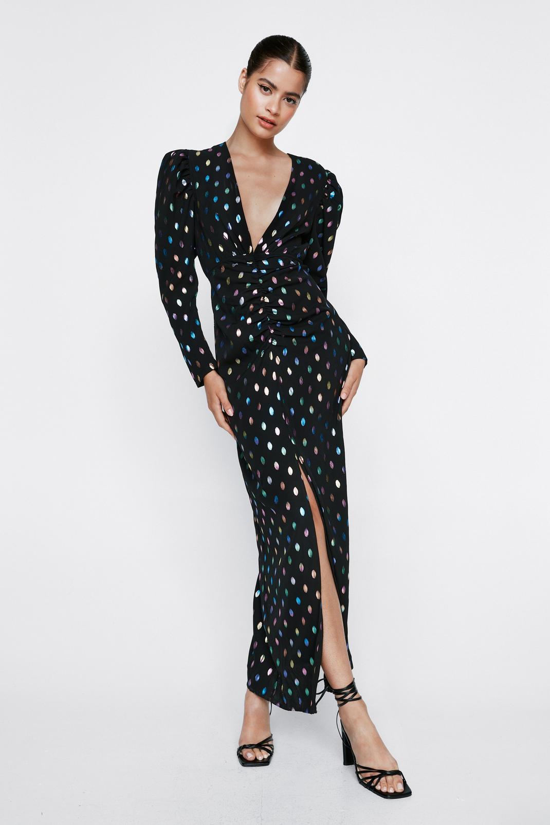 Black Foiled Spot Puff Sleeve Maxi Dress image number 1