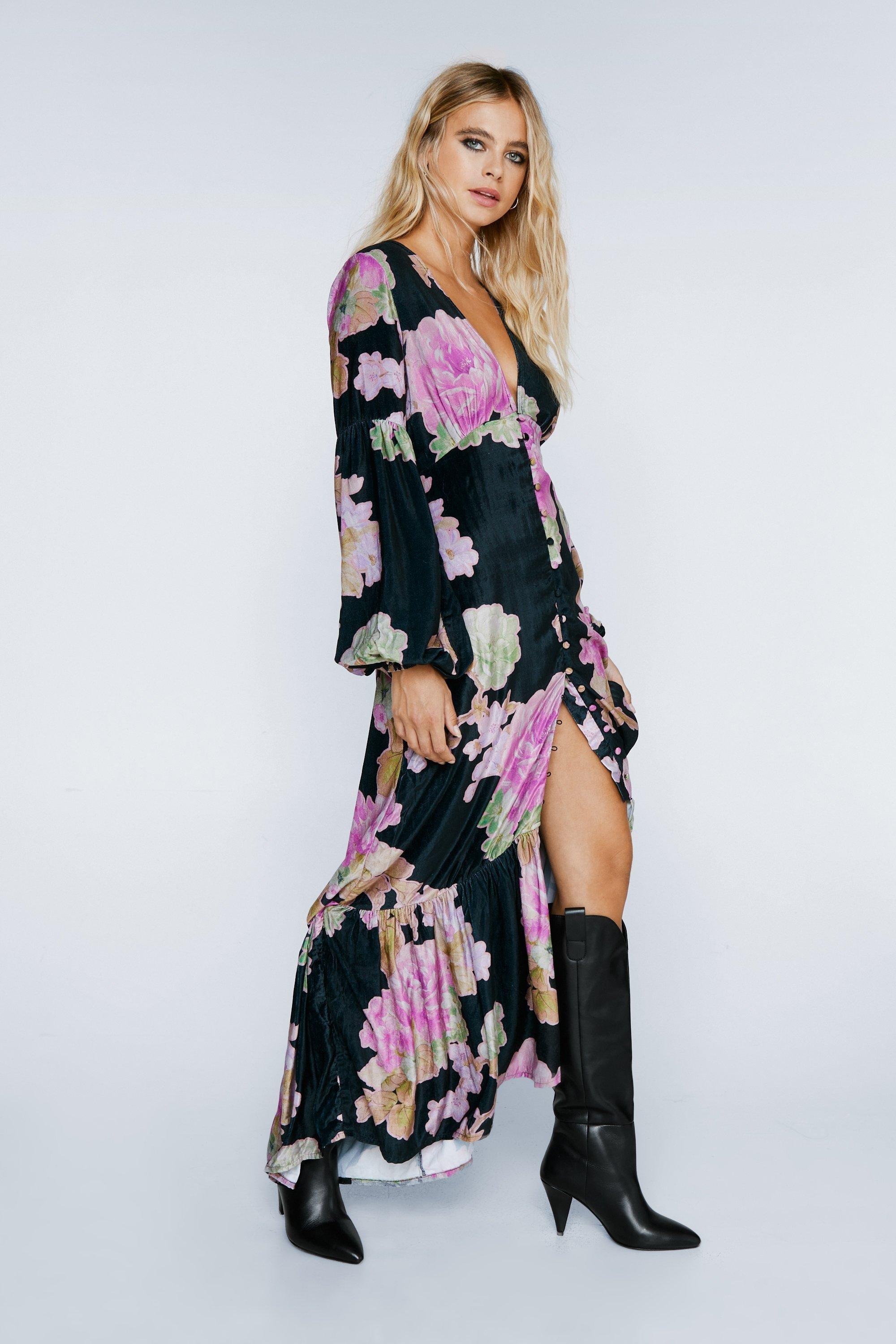 Velvet Floral Button Front Maxi Dress