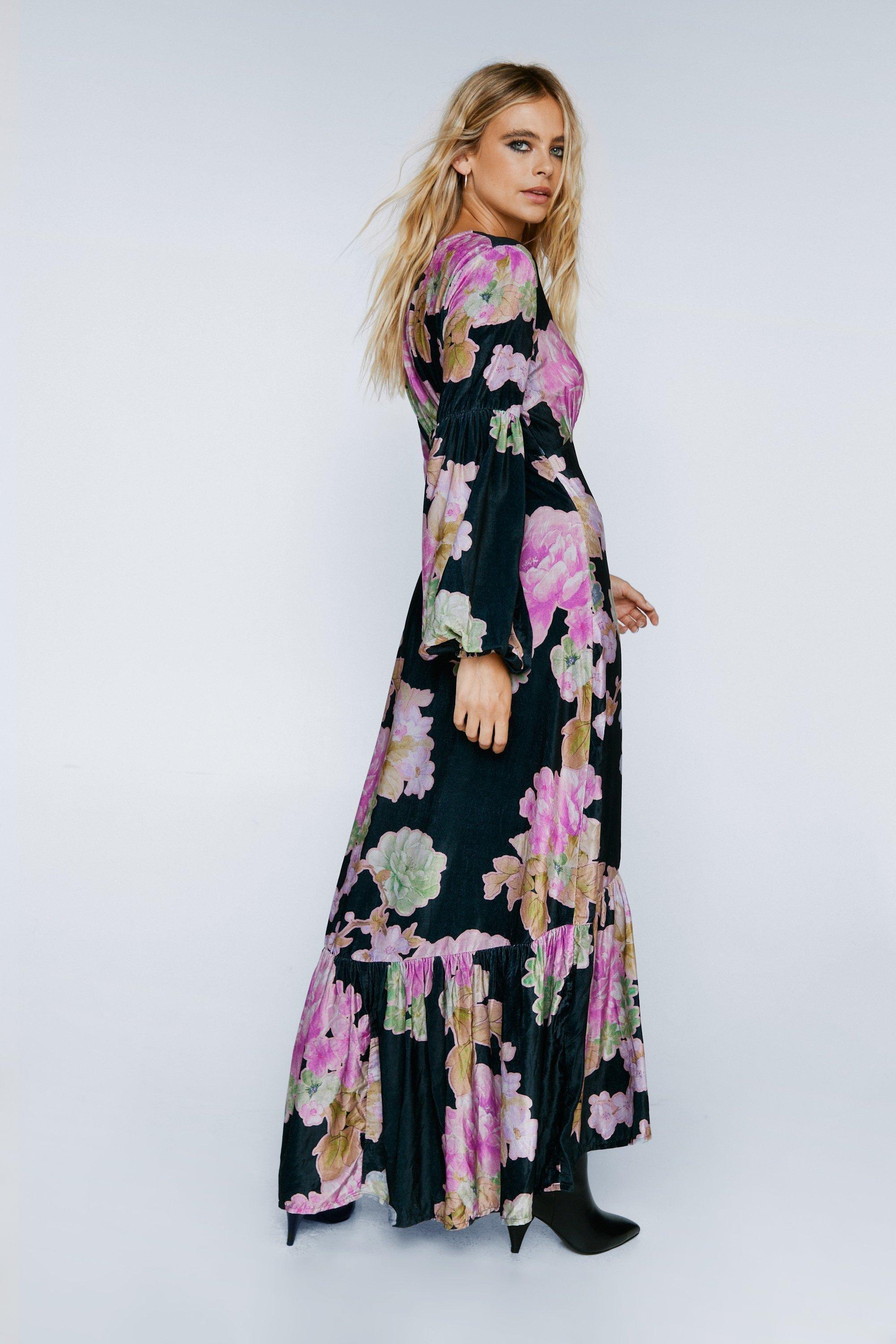 Buy Black Velvet Maxi Dress (Frill Long Sleeve)