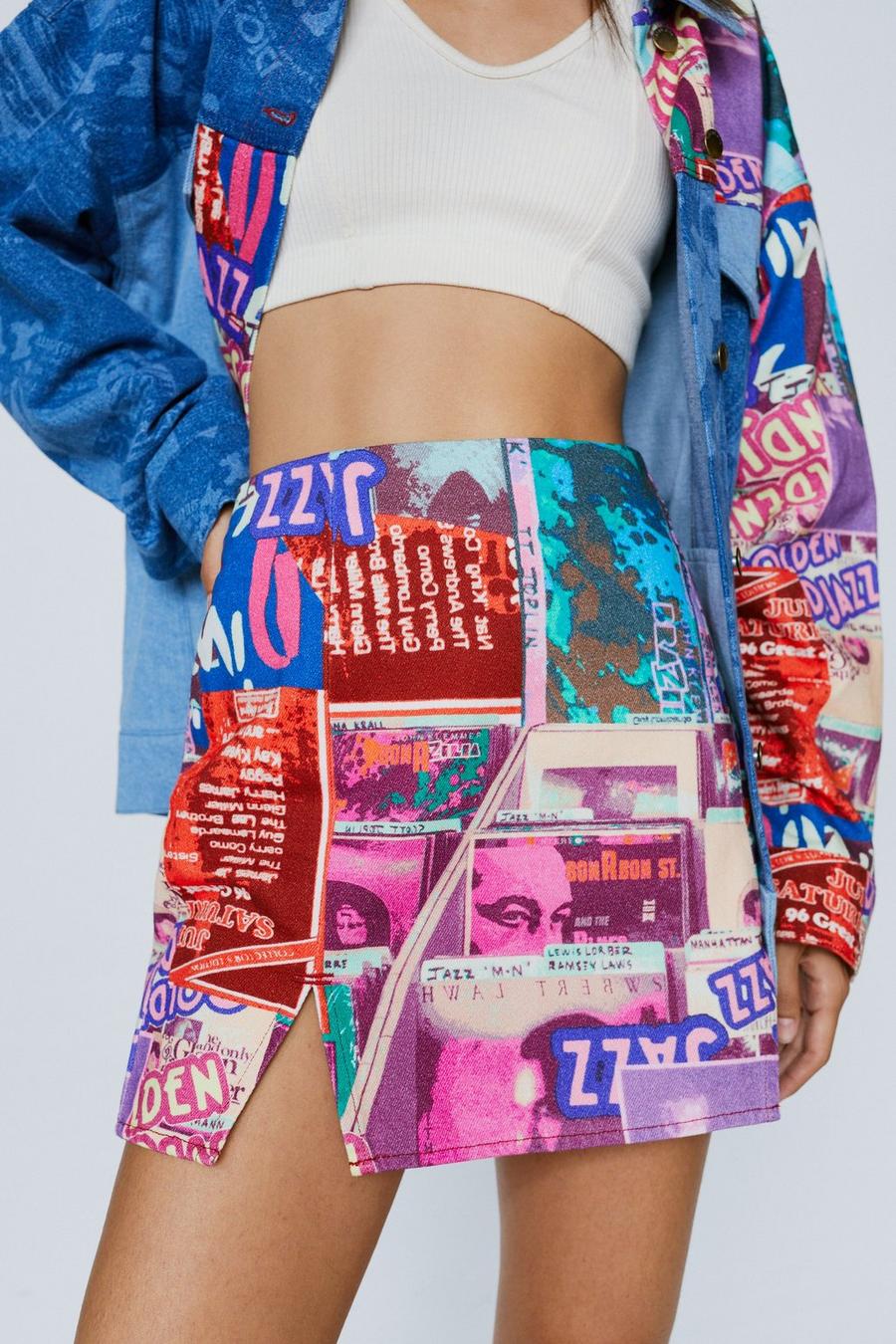 Jazz Print Denim Split Front Mini Skirt