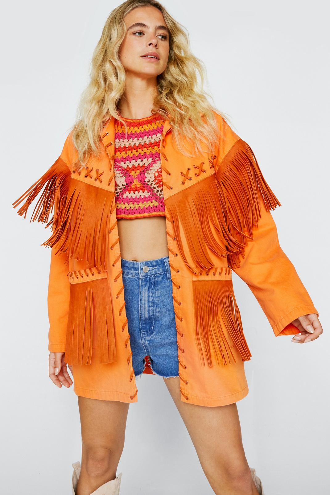 Petite - Veste oversize en jean à laçages et franges, Orange image number 1