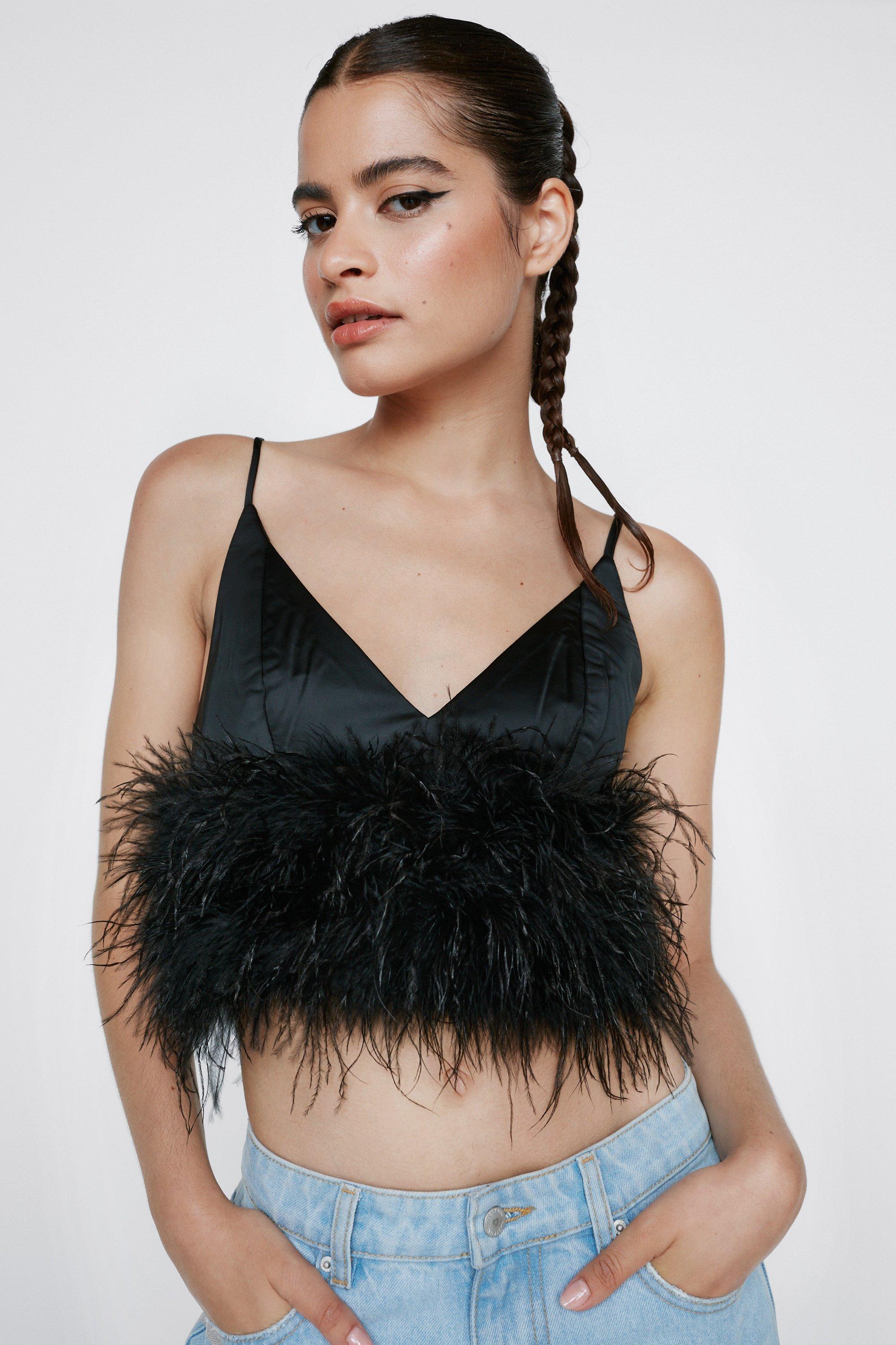 Feather Trim Satin Bralette