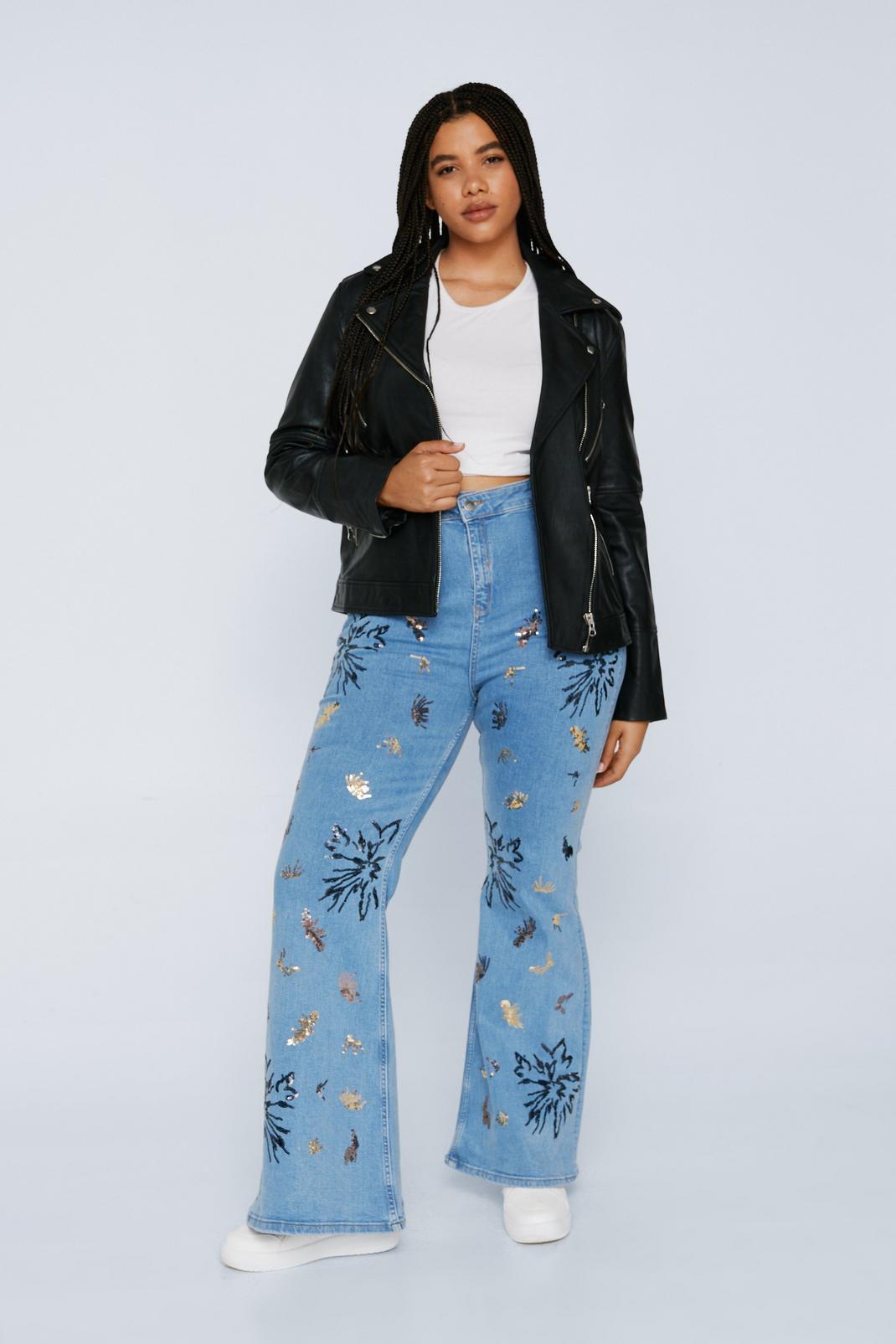 Light blue Plus Sequin Embroidered Flare Jeans image number 1