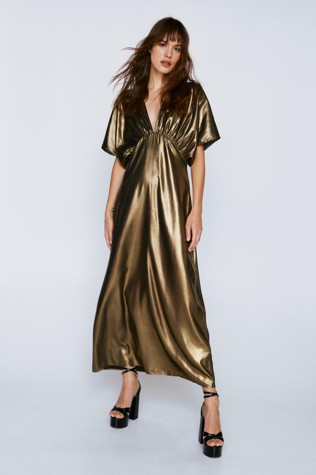Gold Metallic Angel Sleeve V Neck Maxi Dress image number 1