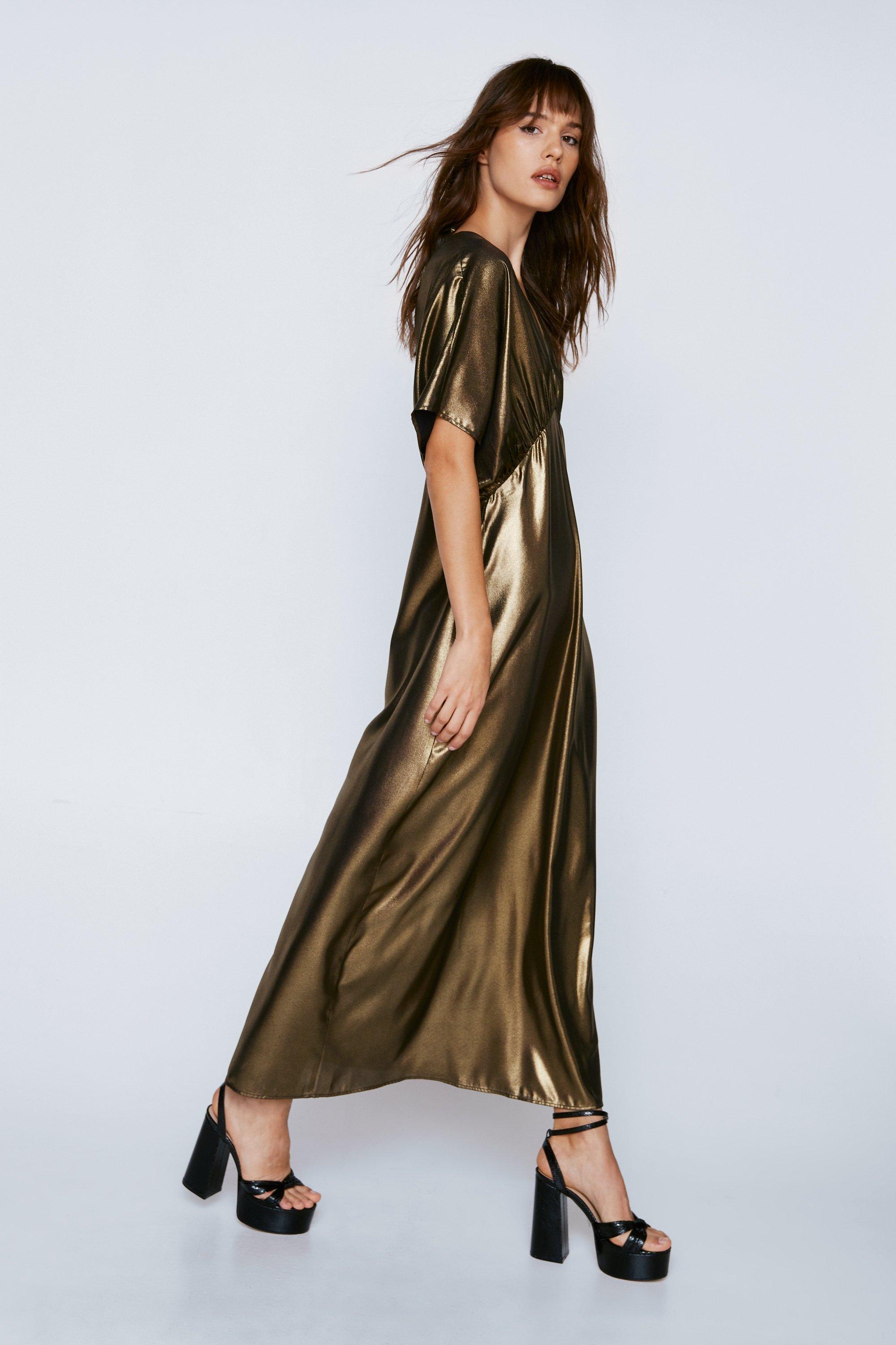 Metallic Angel Sleeve V Neck Maxi Dress