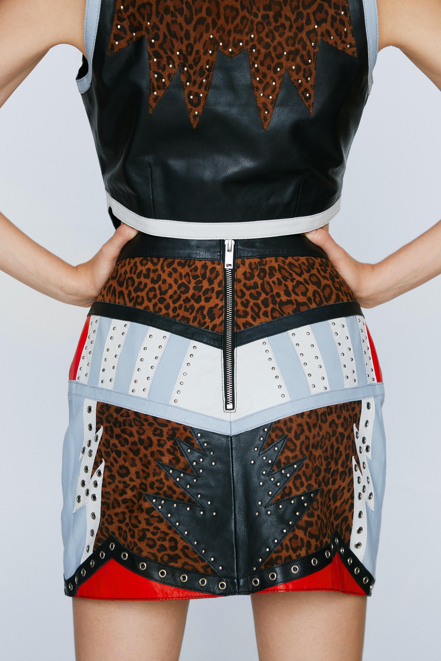 Real Leather Leopard Print Mini Skirt