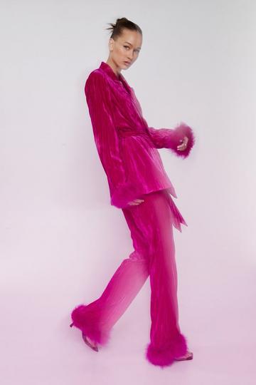 Pink Premium Velvet Flare Pants With Feather Trims