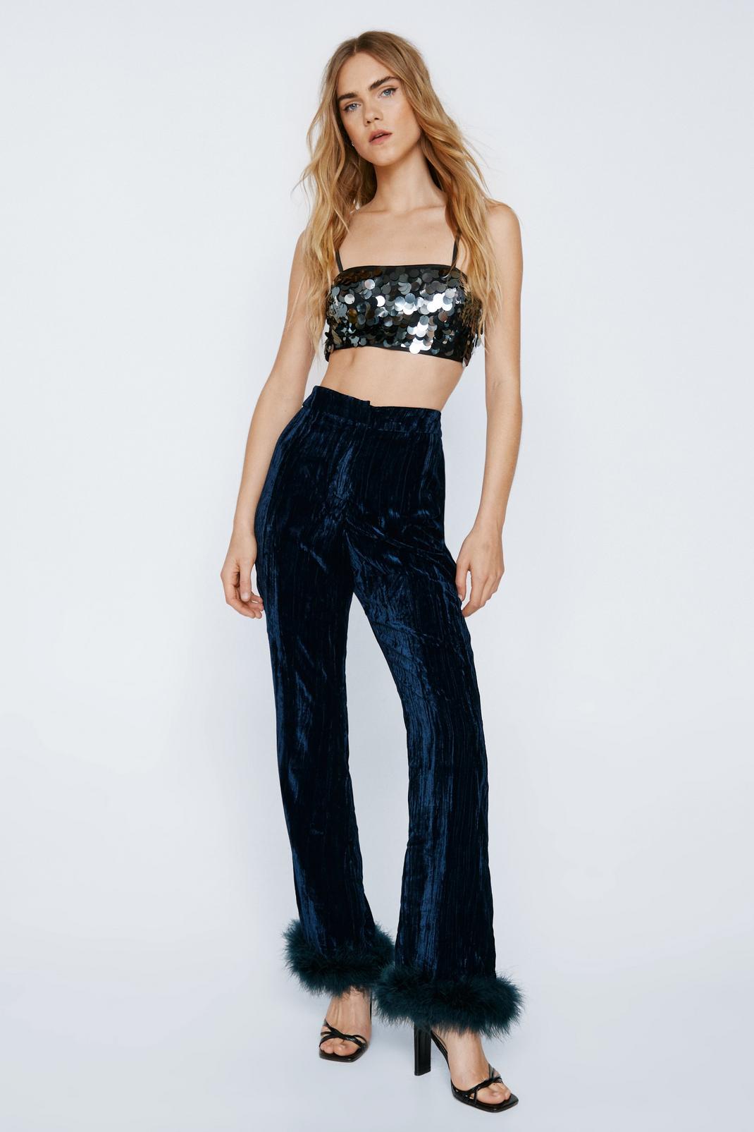 Navy Premium Velvet Flares With Feather Trims image number 1