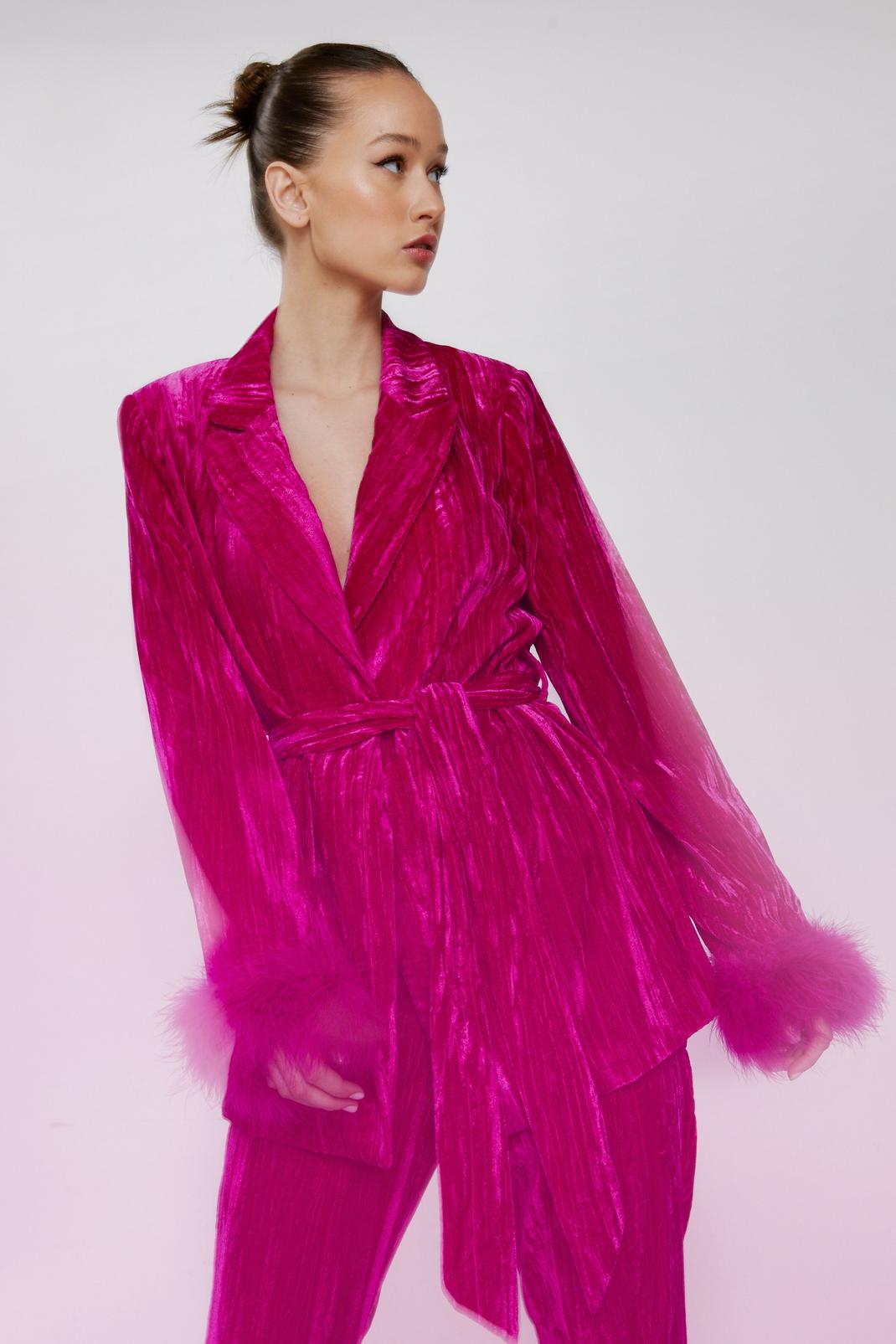 Hot pink Premium Velvet Feather Cuff Tie Waist Blazer image number 1