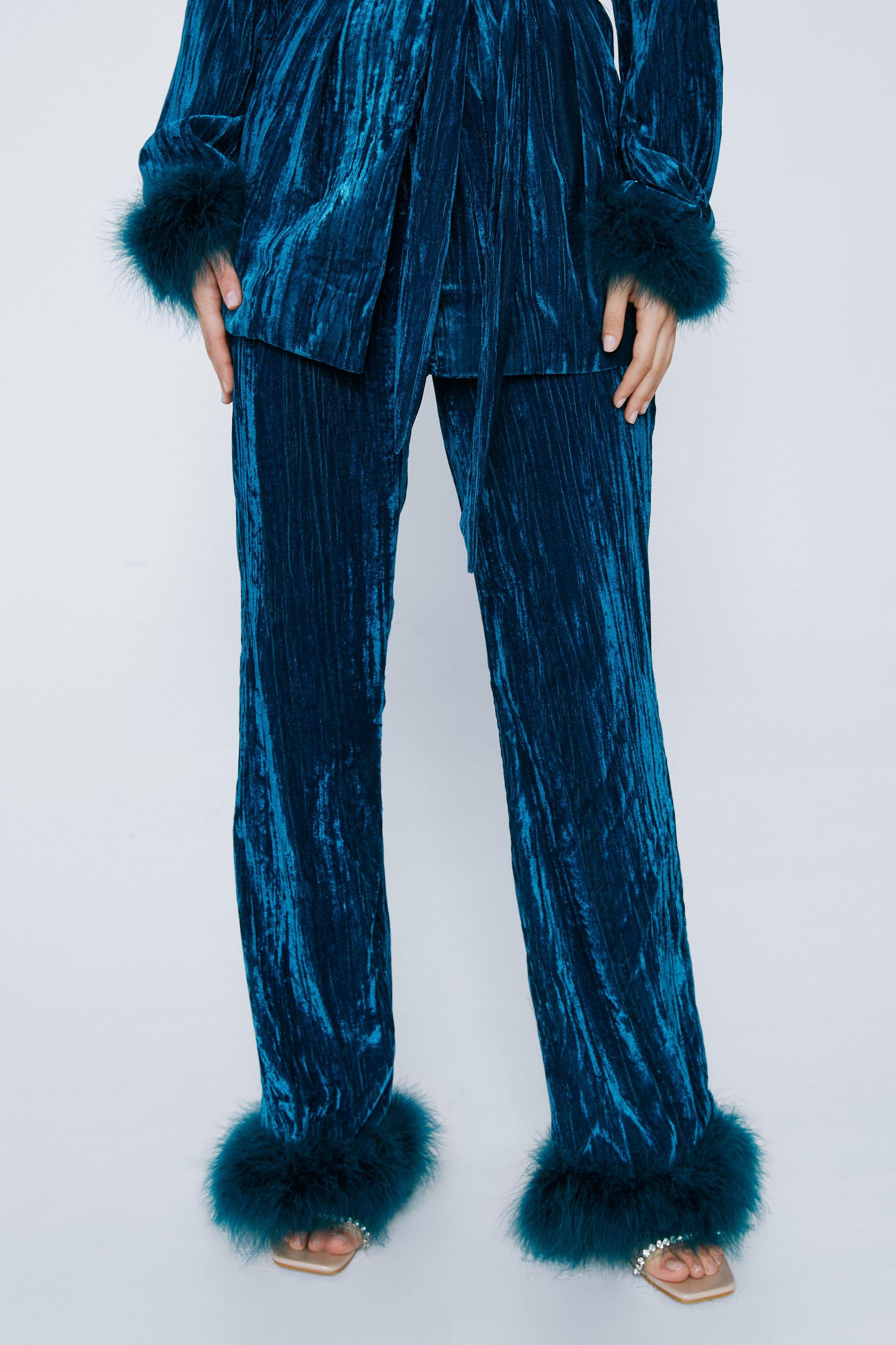 Premium Velvet Feather Trim Flared Trousers