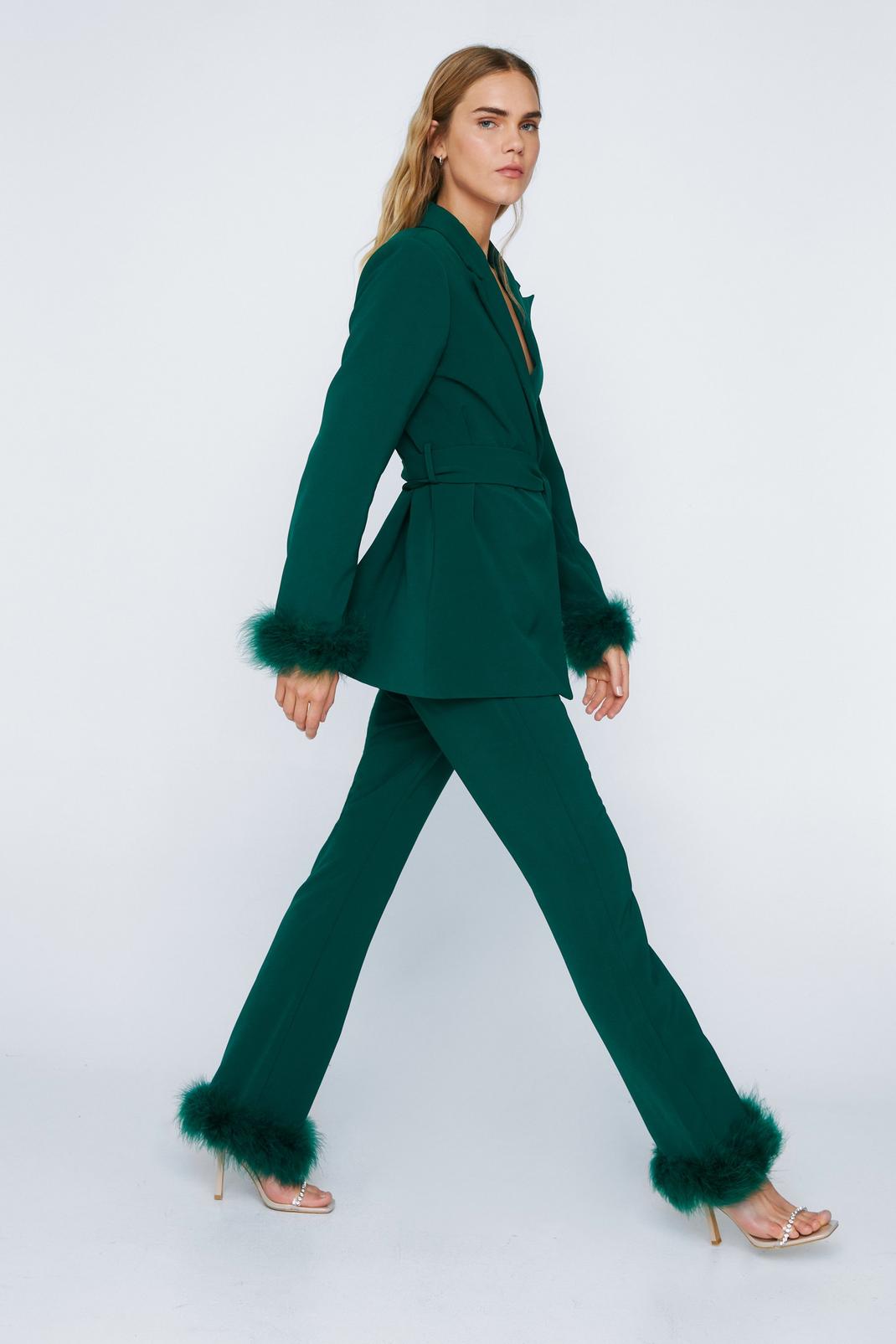 Dark green Feather Trim Co-ord Flared Trousers image number 1