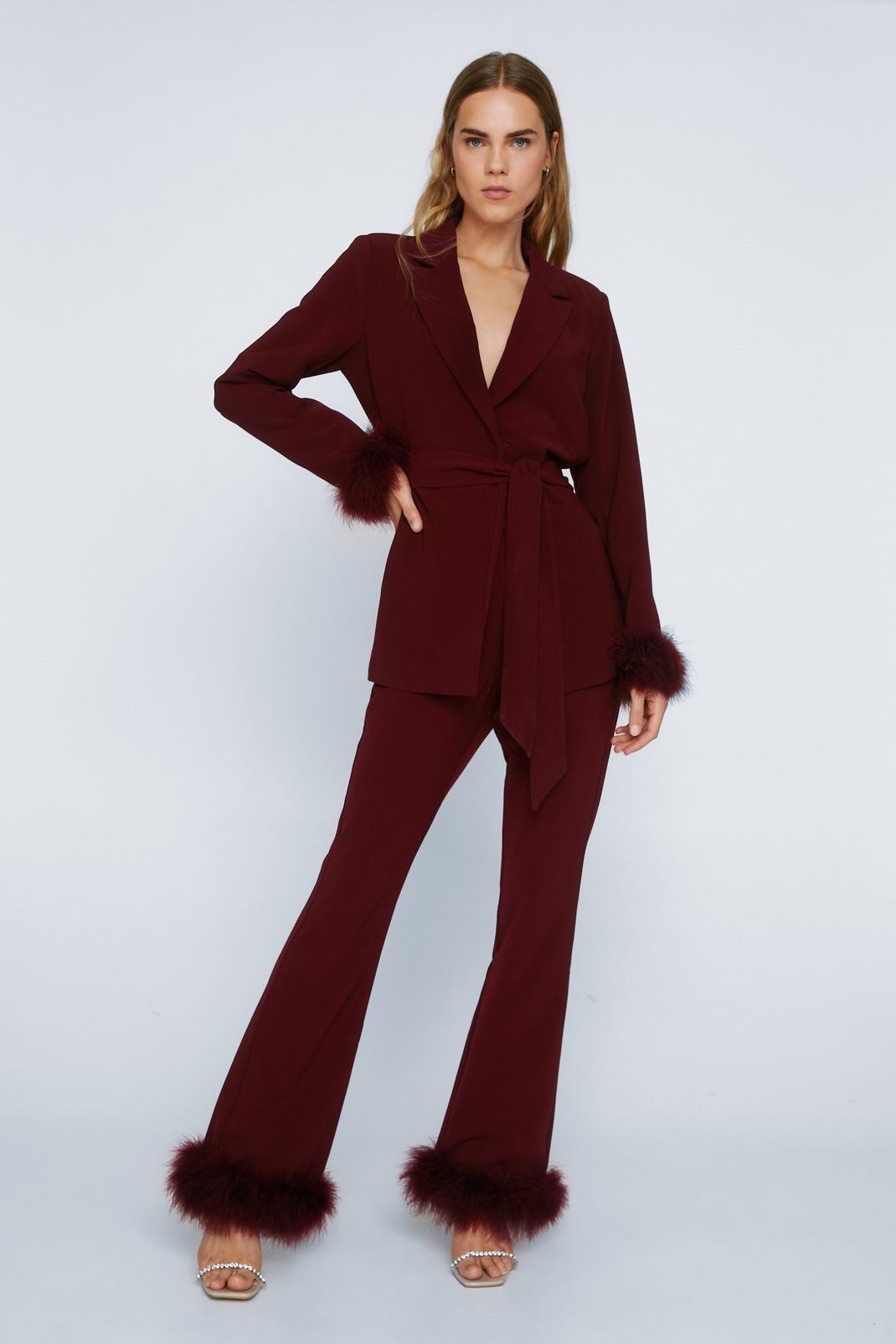 Wine Feather Trim Co-ord Flared Trousers image number 1