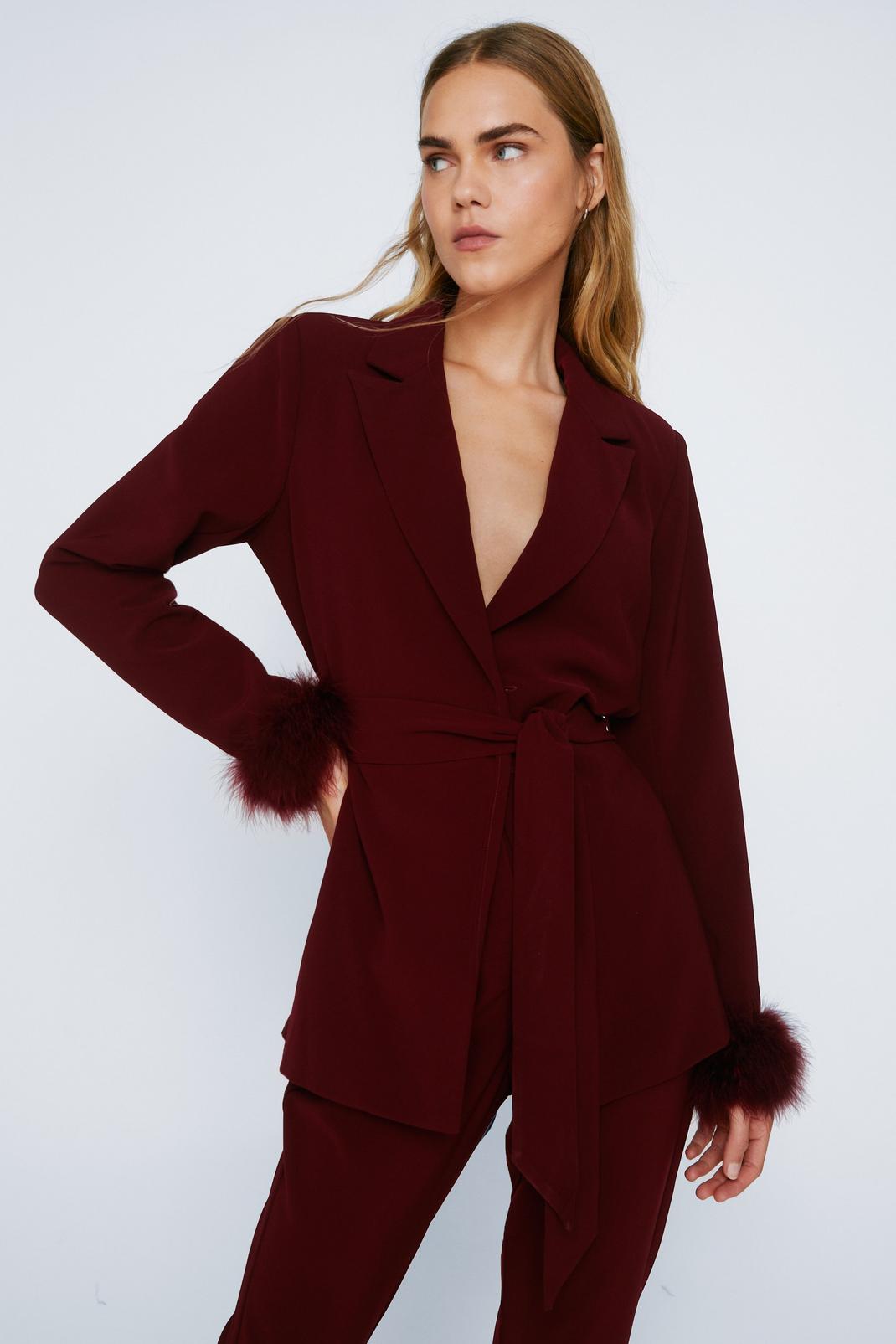 Wine Feather Cuff Belted Blazer image number 1
