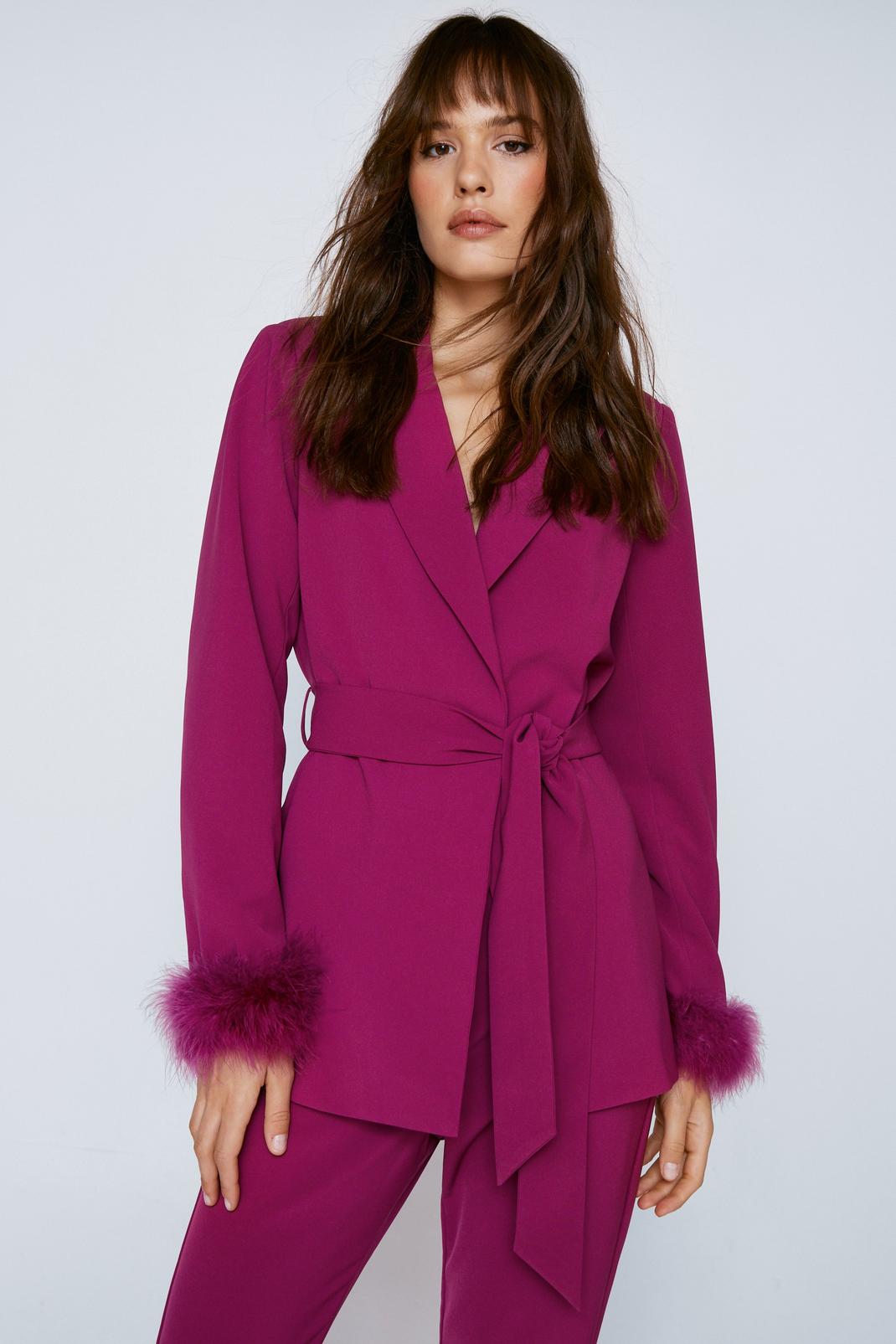 Berry Feather Cuff Belted Blazer image number 1