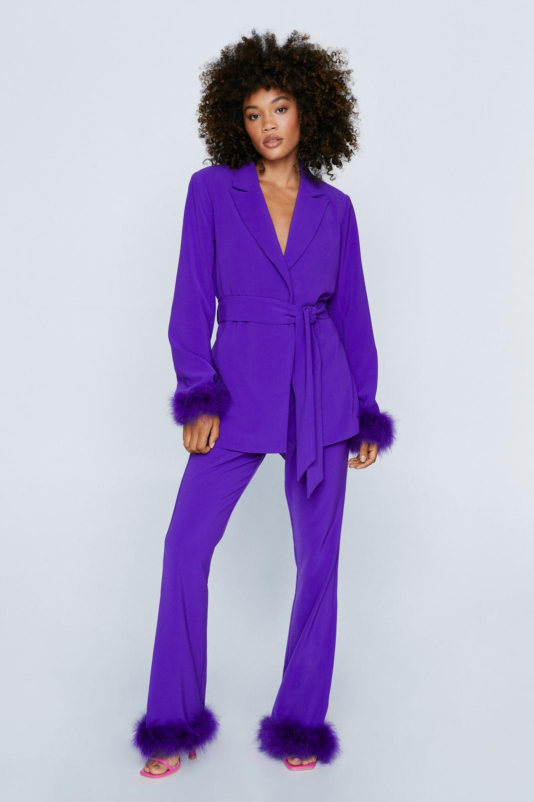 Purple Flared Pants With Feather Trims image number 1