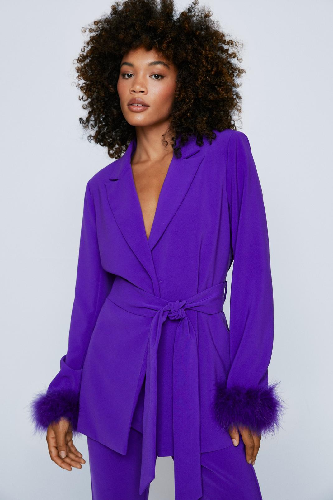 Purple Belted Blazer With Feather Cuffs image number 1